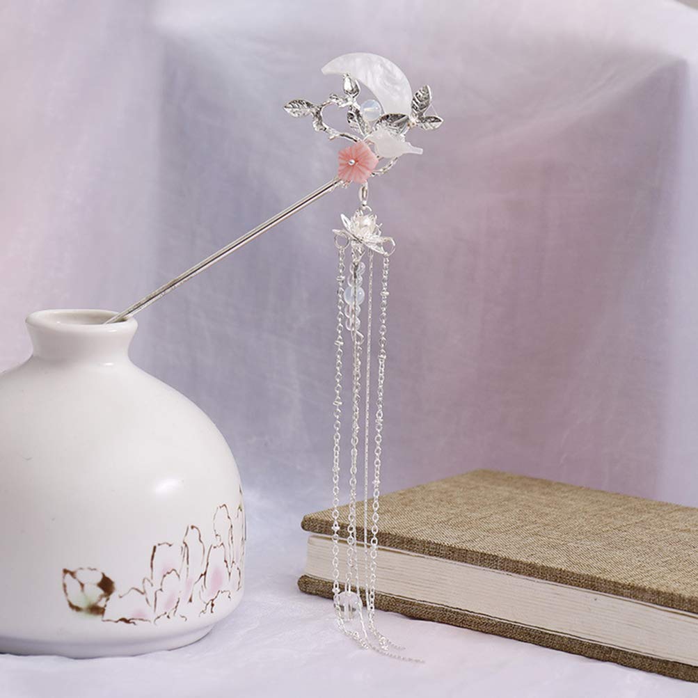 Moon Design Tassel Hair Stick - Chinese Hair Chopstick & Hair Fork for Women & Girls | Silver Hair Clip & Hairpin Accessories | Perfect for Weddings, Parties & Traditional Hairstyles
