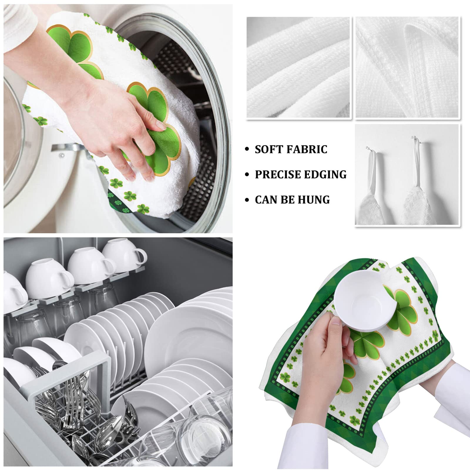 Premium Microfiber Kitchen Towels Set - 4 Pack Super Absorbent Reusable Dish Cloths (18x28 Inch) - St. Patrick's Day Green Shamrock Design for Kitchen Cleaning, Drying Dishes & Bar Use