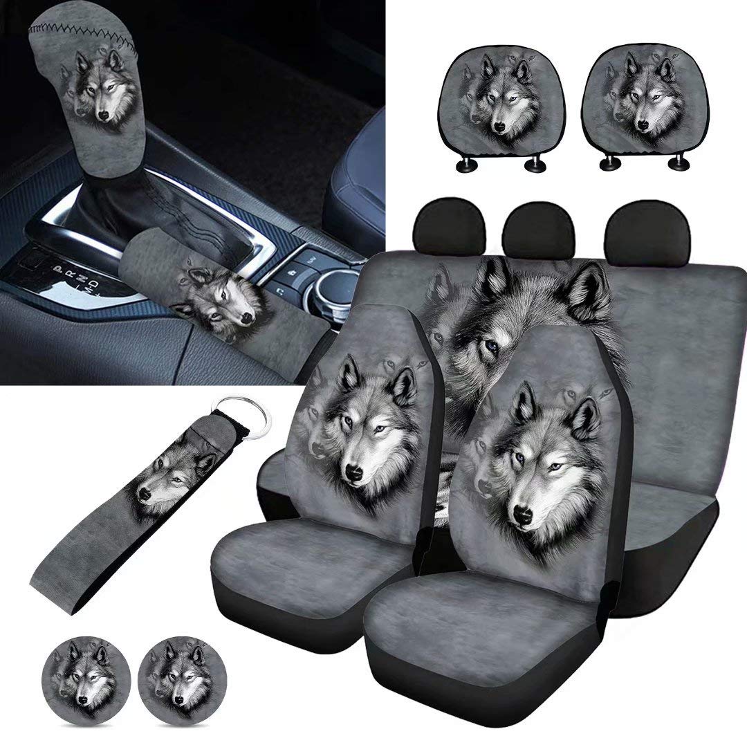 Gray Wolf Car Seat Cover Set - 11pcs with Accessories for Outdoor Travel