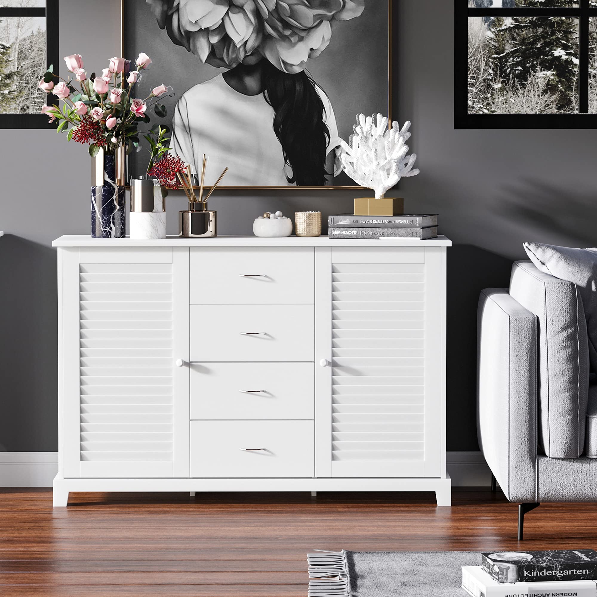 HOMCOM White Sideboard Buffet Cabinet with 4 Drawers & 2 Louvered Doors - Kitchen Storage, Coffee Bar Cabinet for Living Room & Dining Room - Perfect for Small Space Organization & Home Decor
