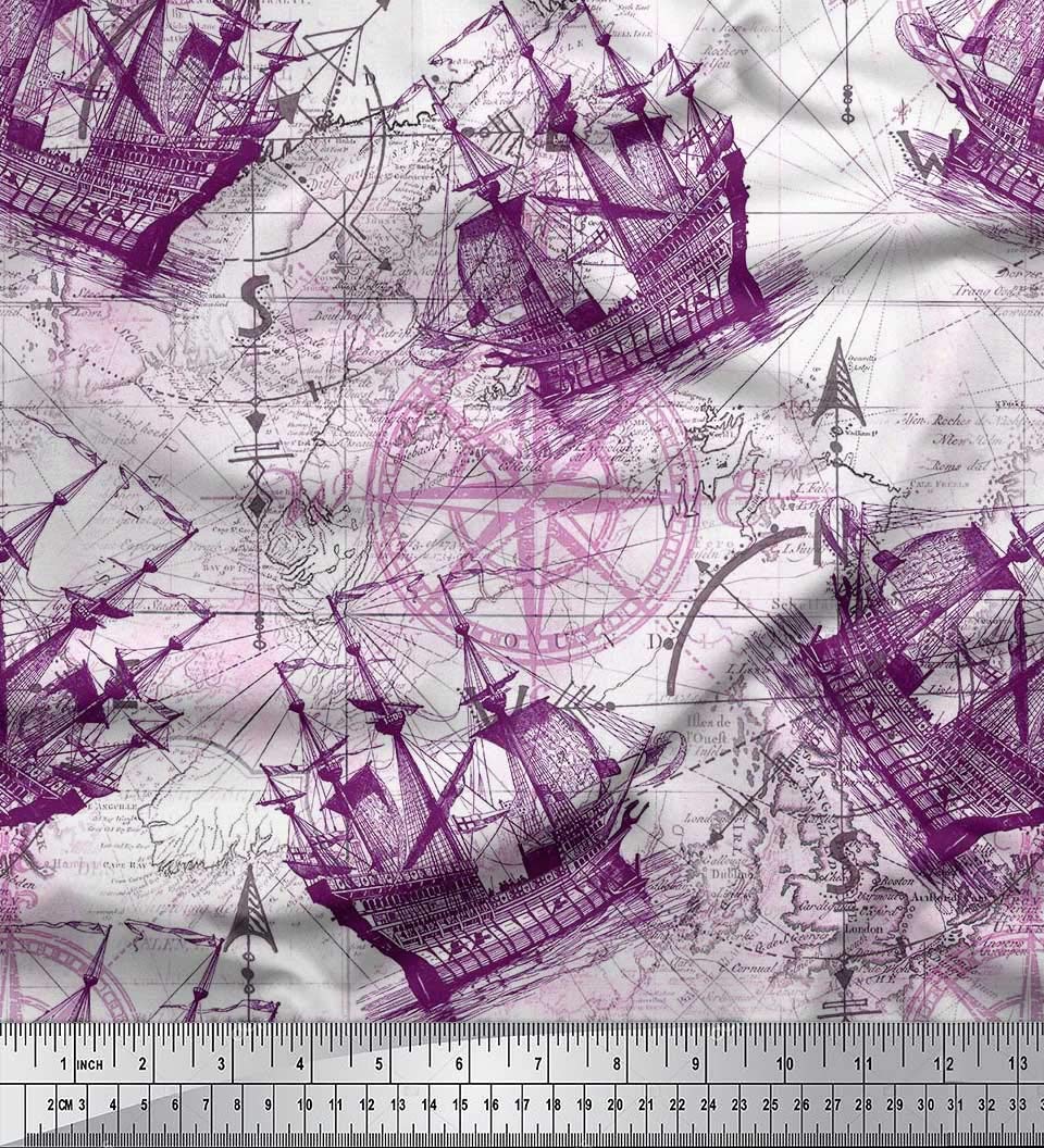 Soimoi 100% Cotton Voile Fabric - Purple Nautical Compass & Ship Print - 42 Inch Wide - Sold by The Yard - Lightweight & Breathable for Dresses, Curtains, and DIY Crafts