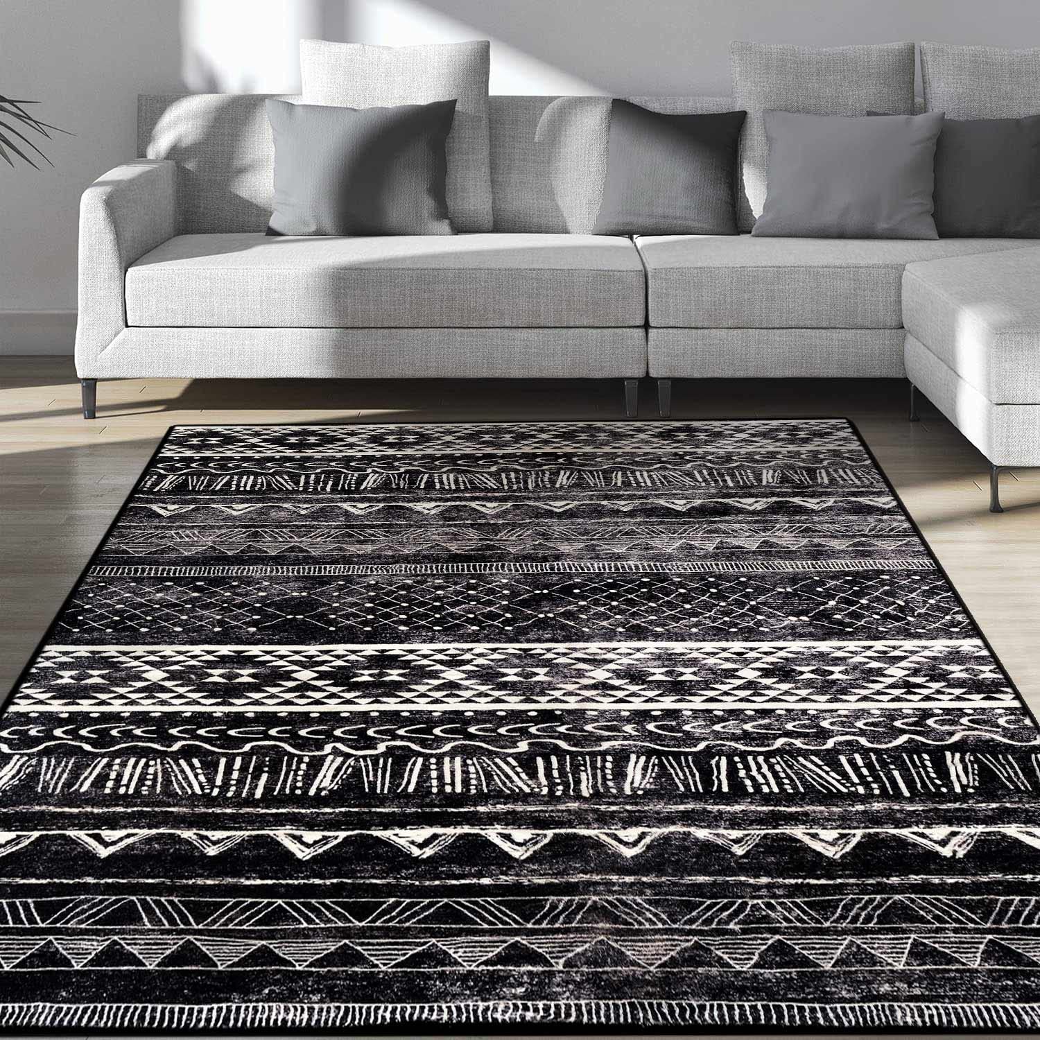 Modern Non-Slip Washable Area Rug - 6.7'x9.8' Neutral Black and White Indoor Carpet for Living Room, Bedroom & Dining Room - Soft Comfort for Home Decor & Family Gatherings