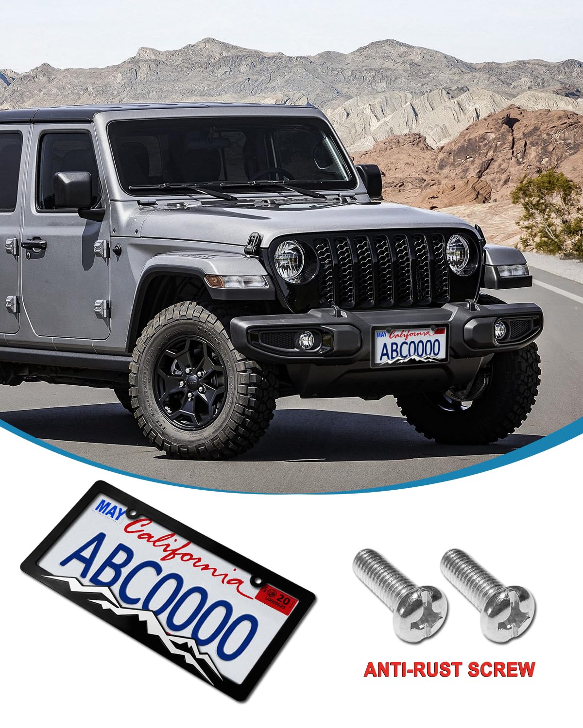 Mountain License Plate Frames - 2 Pack Black Plastic Car Tag Holder Bracket with Screw Caps & Vinyl Sticker (2 Hole, White on Black) - Perfect for Off-Road Vehicles, Trucks & SUV Customization