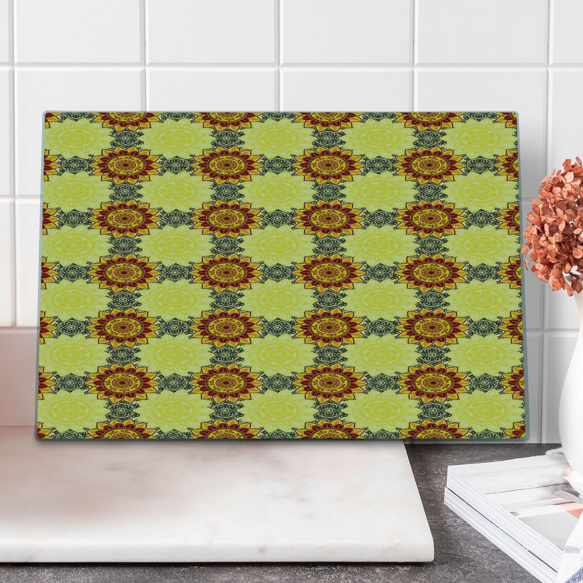 Ambesonne Mandala Glass Cutting Board - Yellow Boho Floral Design for Serving & Decor