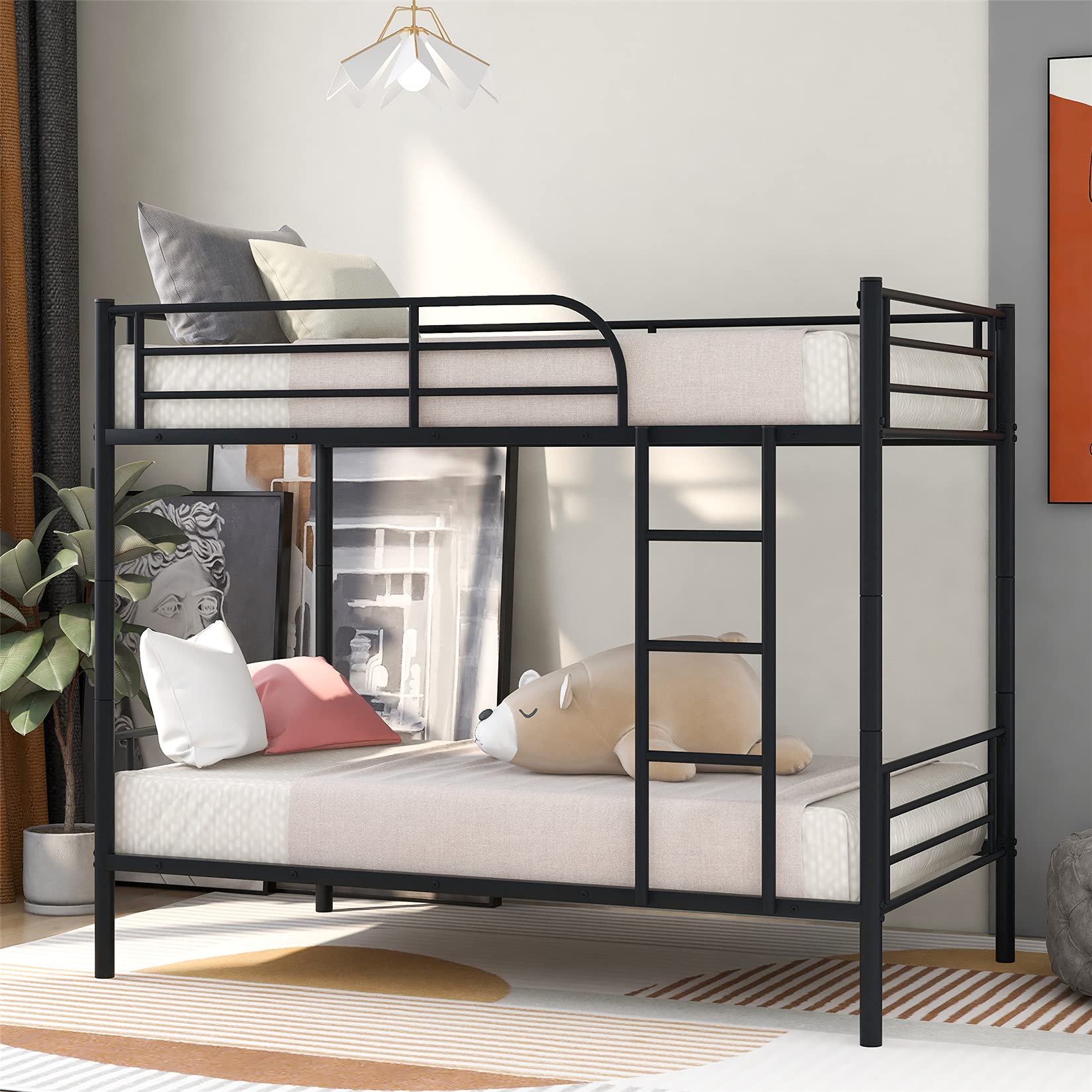 Harper & Bright Designs Twin Over Twin Metal Bunk Bed for Kids & Teens - Heavy Duty Steel Frame with Slats & Ladder - Space Saving Bed for Small Rooms, Dorms, Sleepovers & Guest Rooms - Black