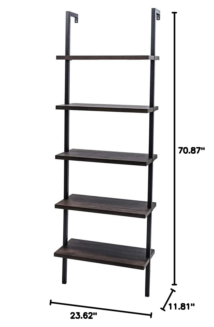5-Shelf Modern Ladder Bookcase - Industrial Metal Frame Wall Mounted Bookshelf, Wood Storage Shelf Organizer for Home Office (Dark Walnut) - Perfect for Small Spaces, Living Room Decor & Book Storage