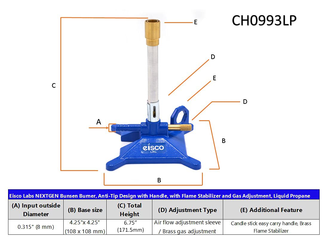 Eisco Scientific No Tip Bunsen Burner - Heavy Duty Iron Construction for LP Gas - Perfect for Science Labs, Chemistry Experiments & Classroom Demonstrations