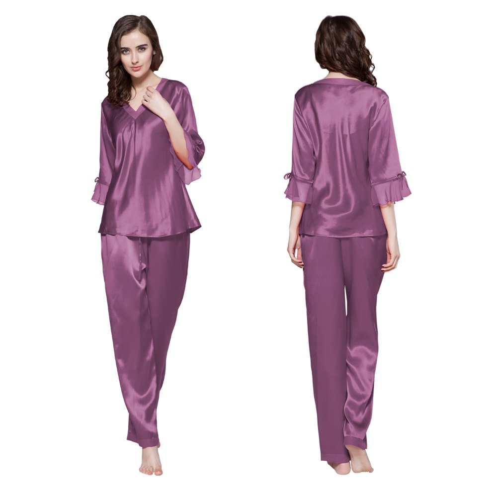 LilySilk 100% Pure Mulberry Silk Pajama Set for Women - V-Neck 3/4 Sleeve Sleepwear (22 Momme) | Luxurious Loungewear for Relaxing at Home & Spa Nights