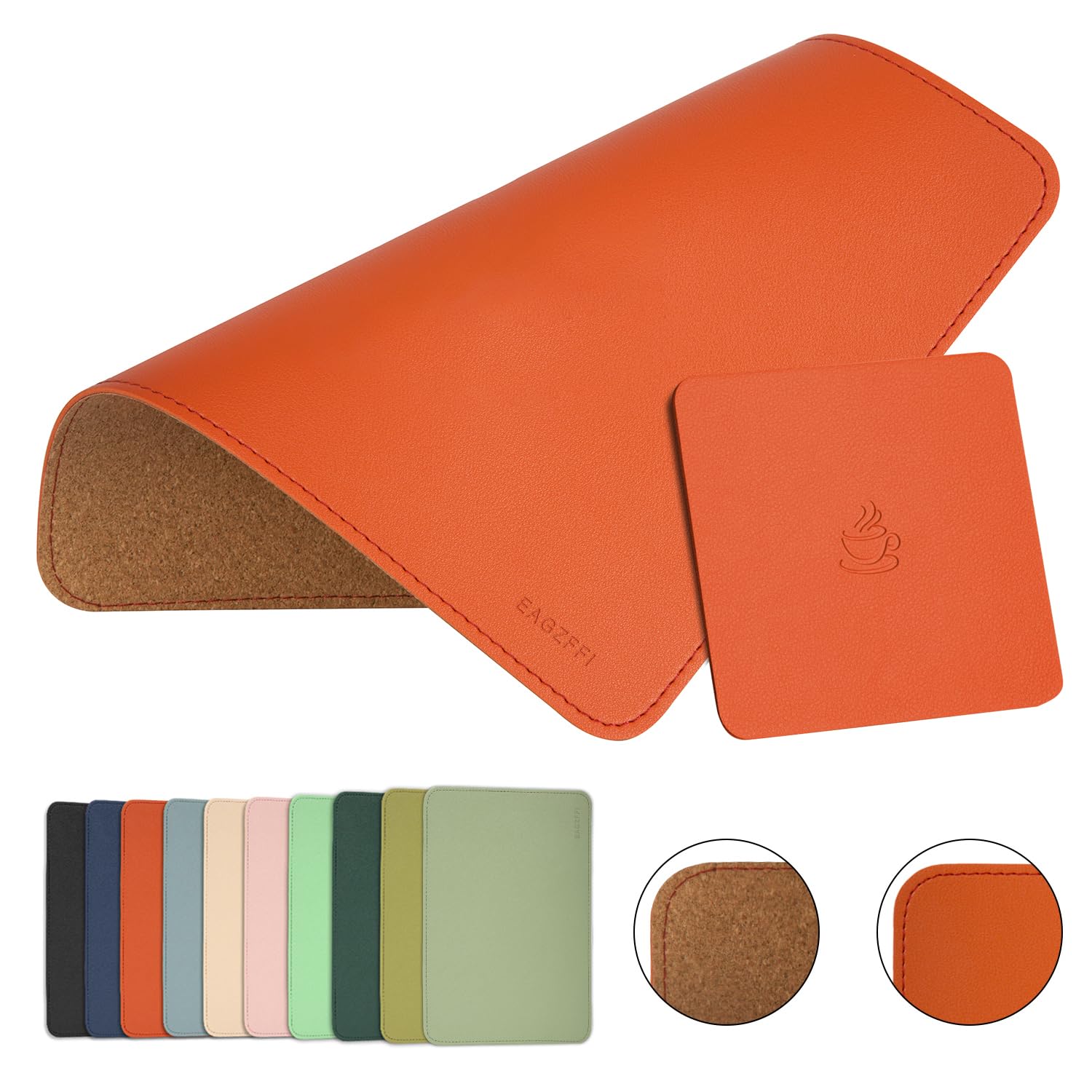 Premium Leather & Wood Double-Sided Mouse Pad with Stitched Edges - Non-Slip Desk Mat for Laptop, PC, Office & Home Use - Includes Coaster (8x11 Inches, Orange) - Perfect for Workstations, Gaming Setups & Ergonomic Workspaces