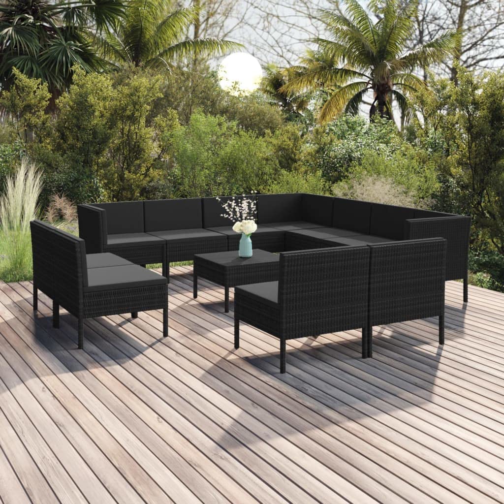 vidaXL 12-Piece Patio Lounge Set with Cushions - Black Poly Rattan Outdoor Garden Sofa Seating Furniture for Terrace, Backyard & Poolside Relaxation