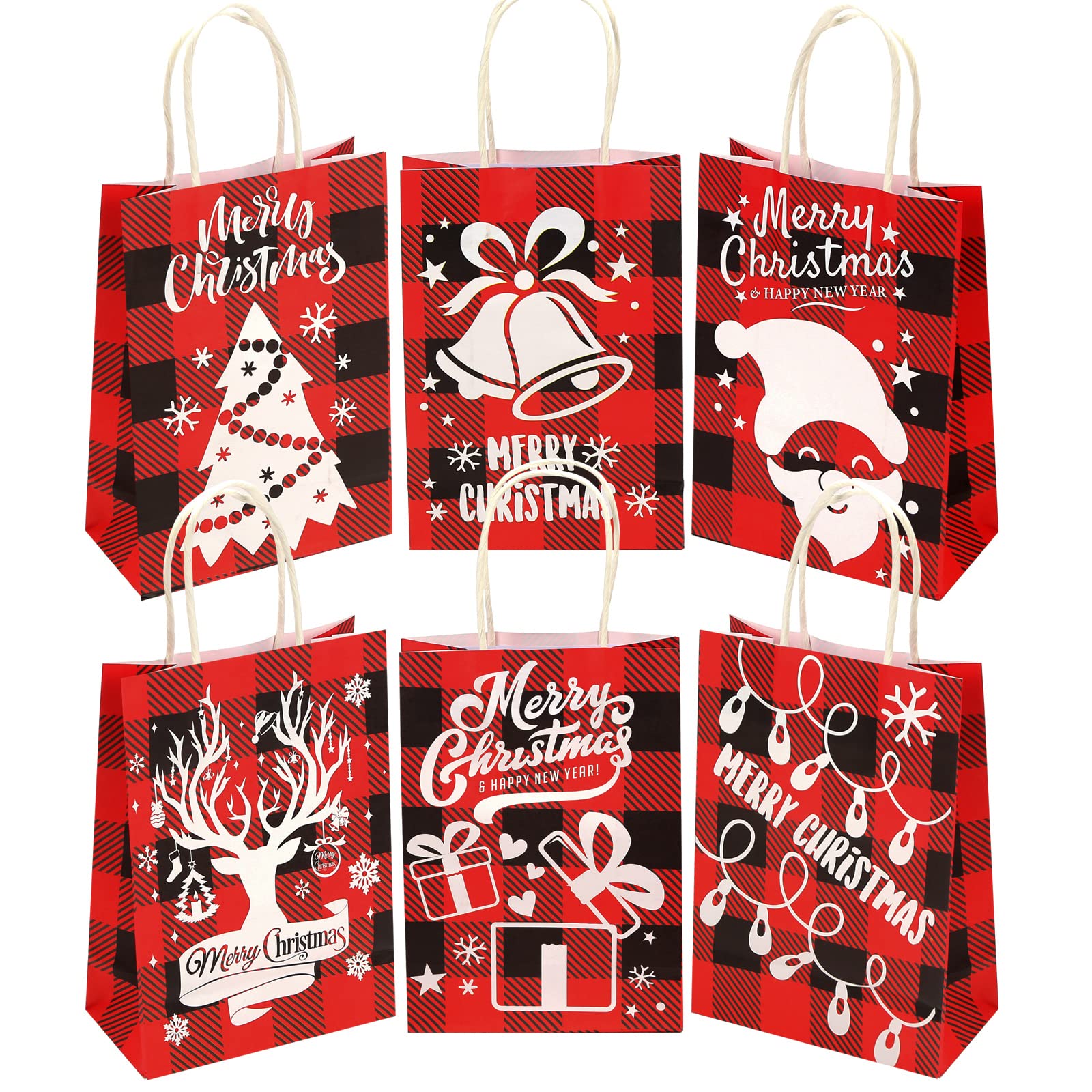 TOXOY 18-Piece Red and Black Plaid Christmas Gift Bags with Handles - Bulk Xmas Present Bags for Holiday Gifts, Party Favors, Stocking Stuffers & Office Exchange