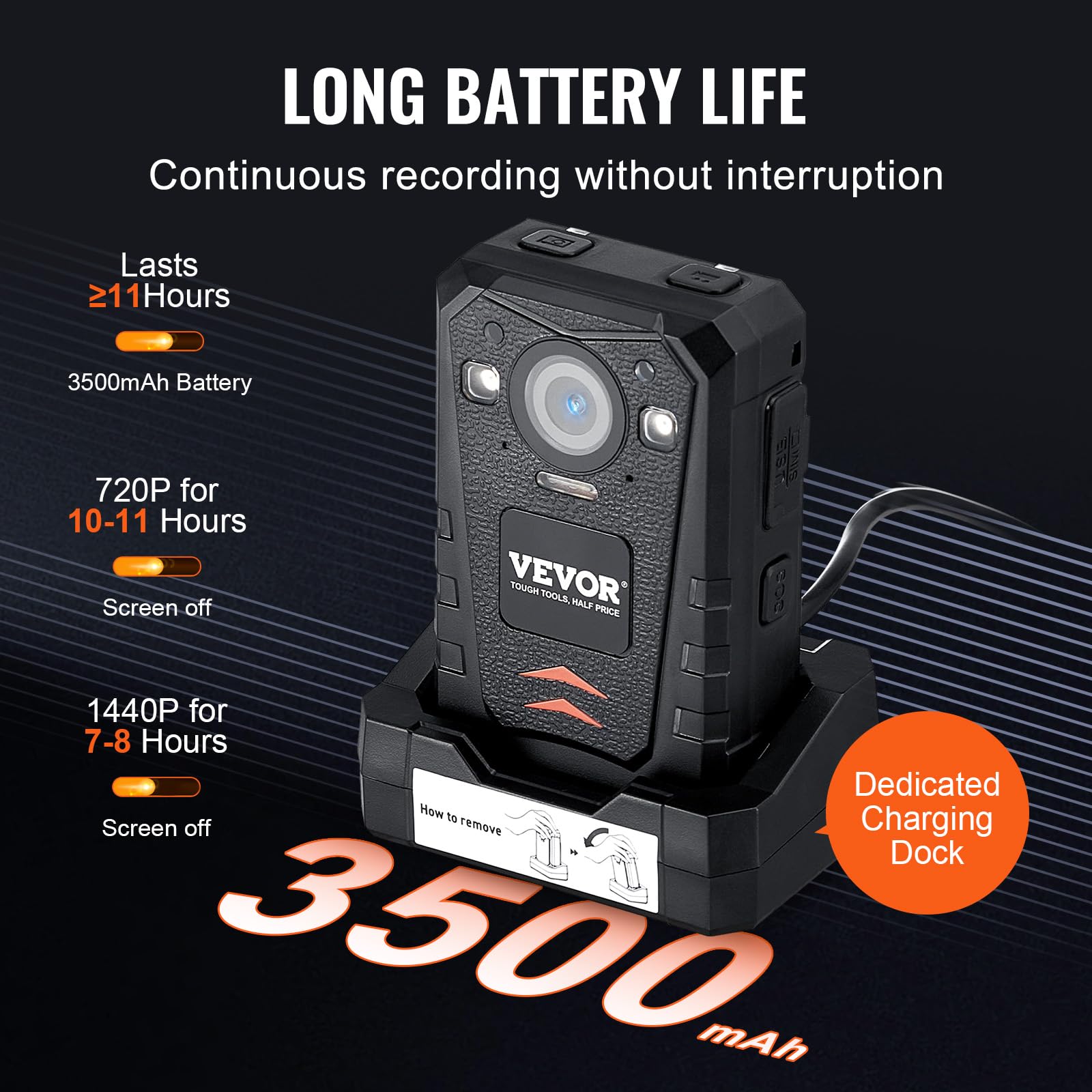 VEVOR 1440P HD Police Body Camera with Audio Video Recording, 64GB Storage, 3500mAh Battery, 2
