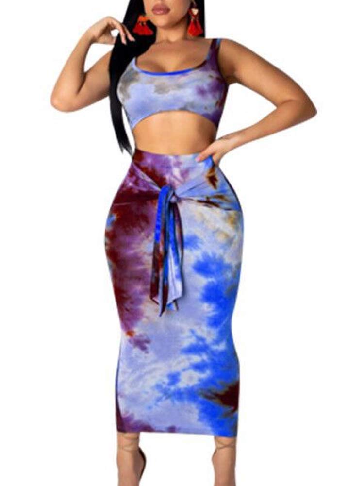DeviFish Women's Sexy Floral Print Tank Crop Top & Bodycon Skirt 2-Piece Outfit Dress Set | Summer Party, Clubwear, Date Night Outfits
