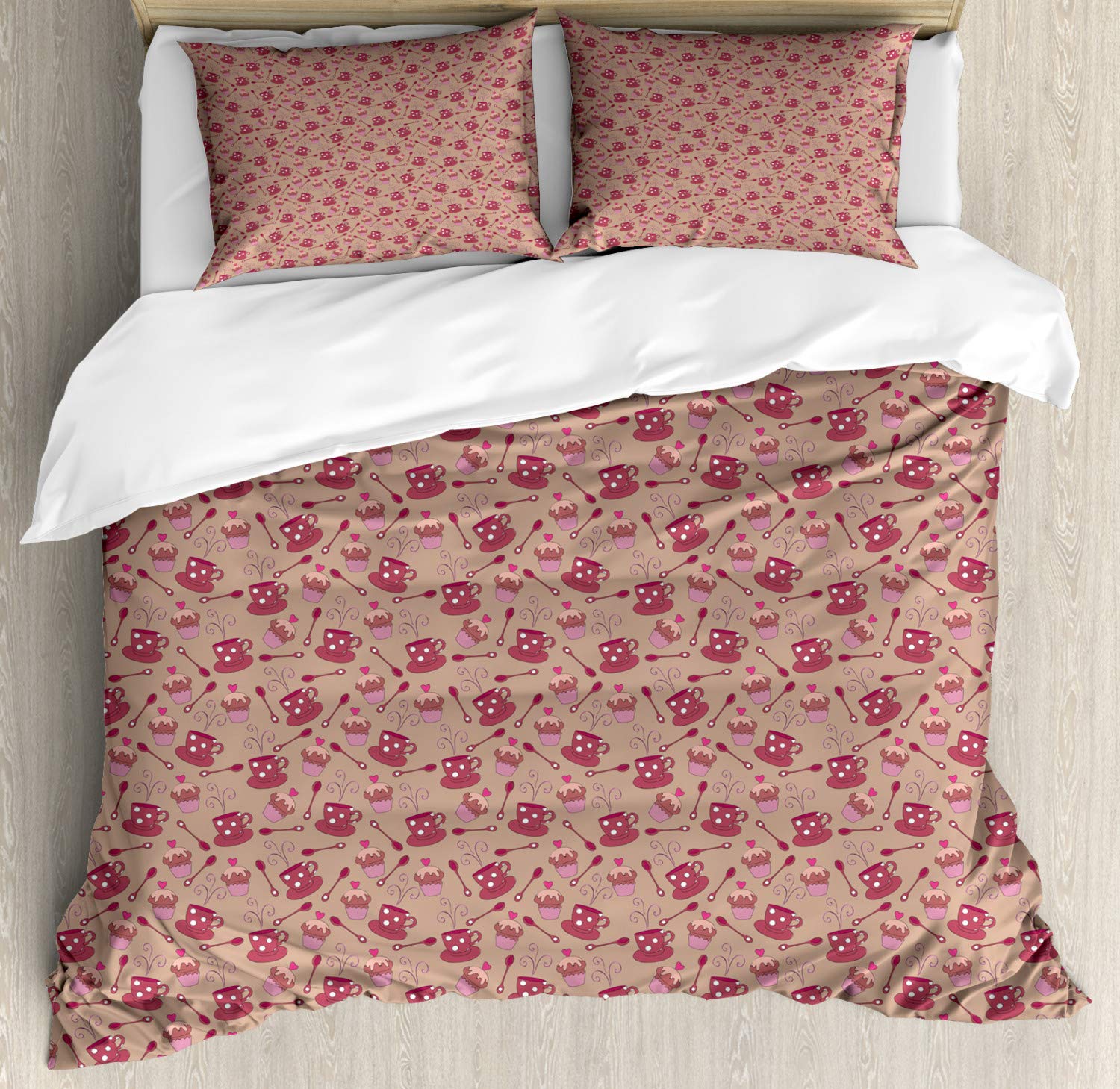 Ambesonne Vintage Coffee & Tea Duvet Cover Set - King Size 3-Piece Bedding with Polka Dot Design (Warm Taupe Pink) | Includes Duvet Cover + 2 Pillow Shams | Perfect for Cozy Bedrooms, Cafe-Themed Decor & Gift Ideas