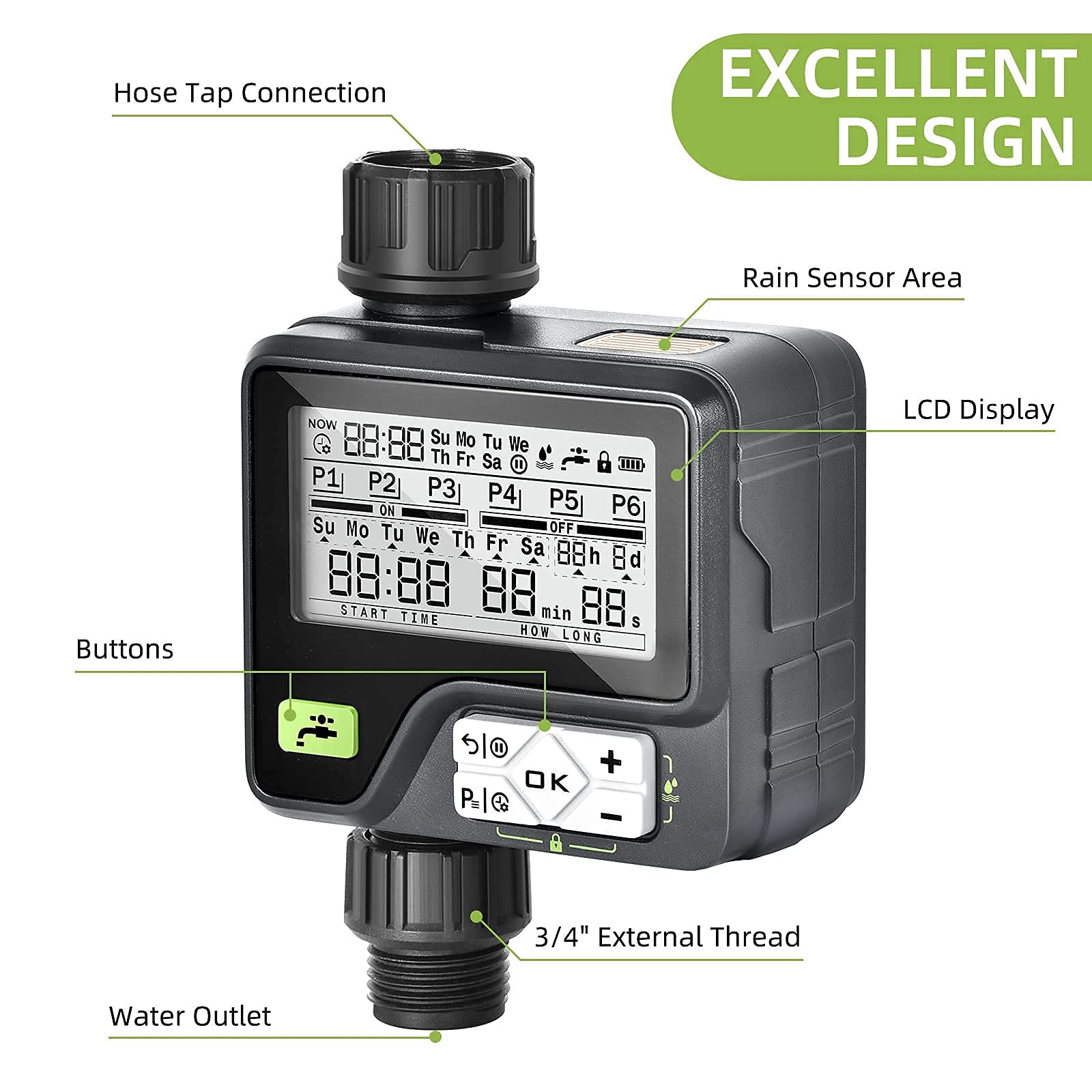 Smart Sprinkler Timer with Rain Sensor - 6 Irrigation Modes, Manual/Automatic/ Rain Delay Watering System for Garden, Lawn & Outdoor Plants - Perfect for Efficient Watering & Conservation