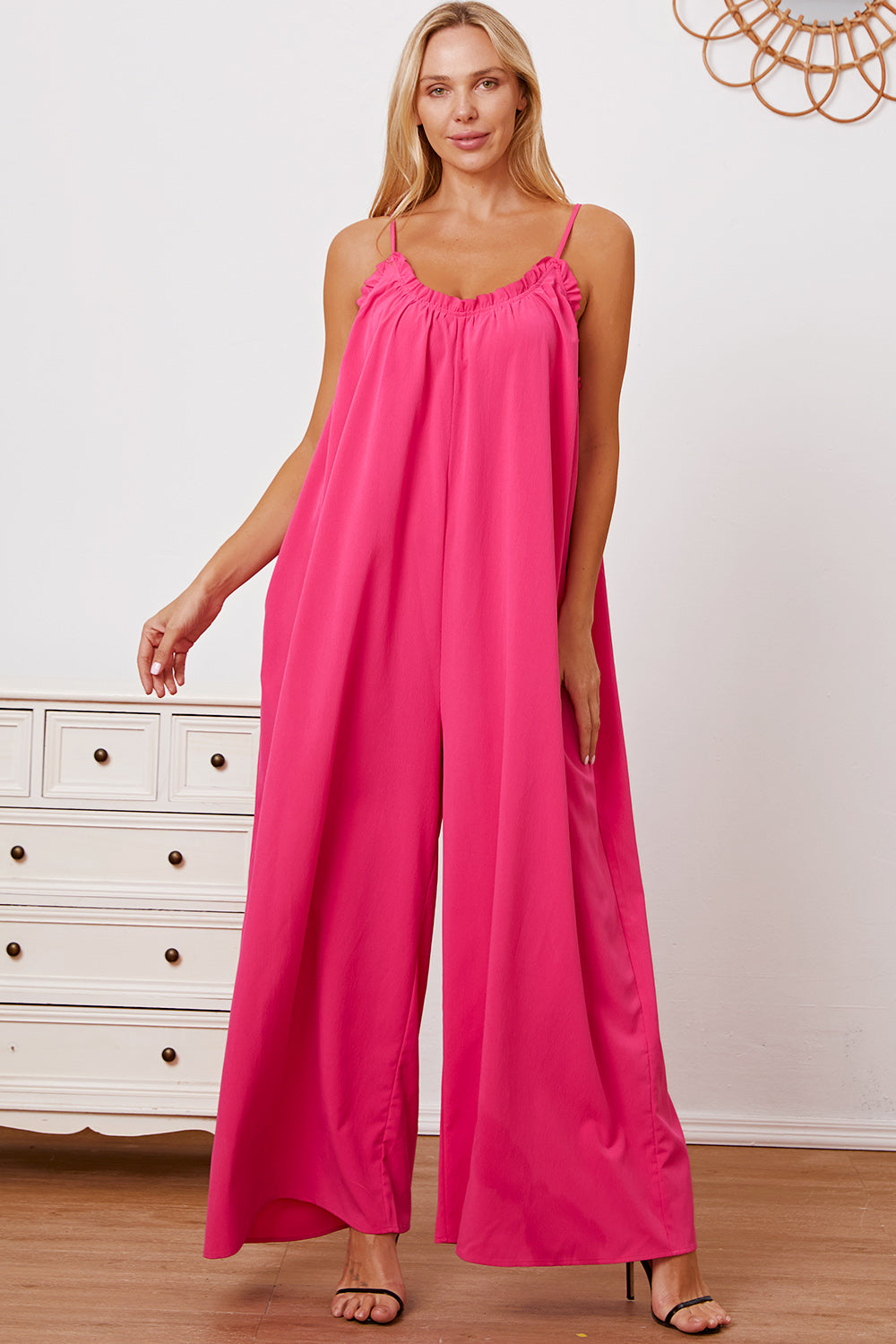 Plus Size Ruffle Trim Tie Back Cami Jumpsuit with Pockets - Women's Casual Summer Romper for Beach, Vacation & Date Night Outfits