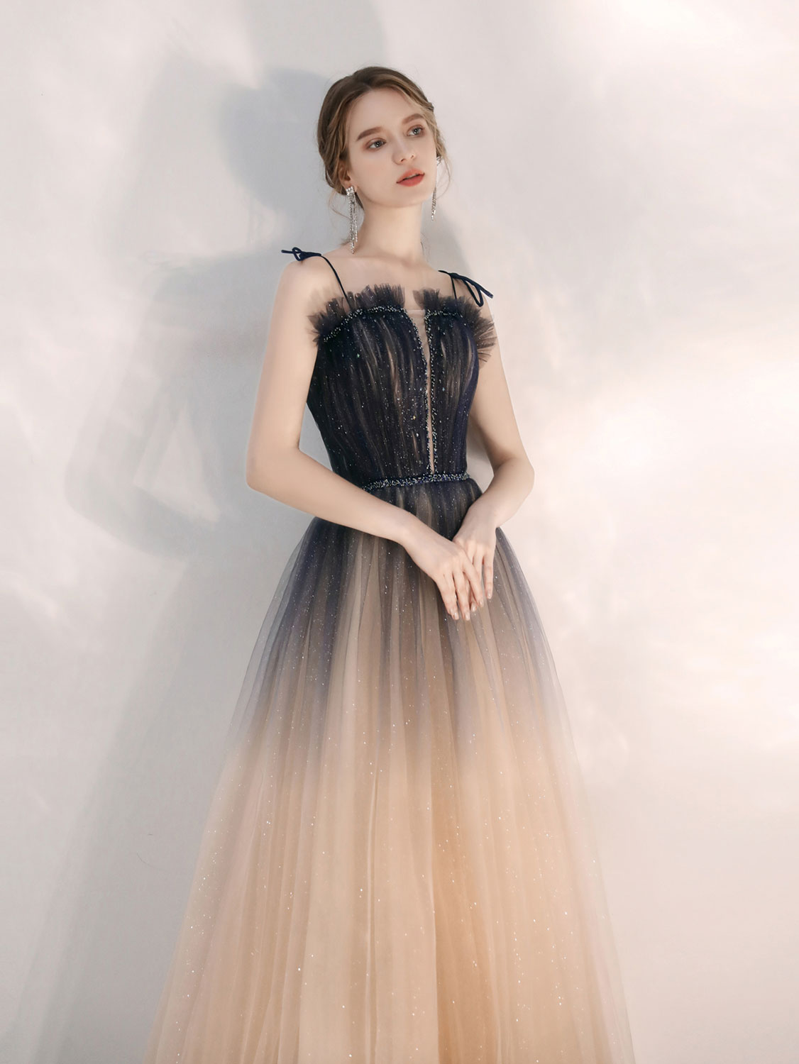 Elegant Champagne A-Line Tulle Sequin Long Prom Dress for Women - Formal Evening Gown for Homecoming, Ball, Wedding & Special Occasions