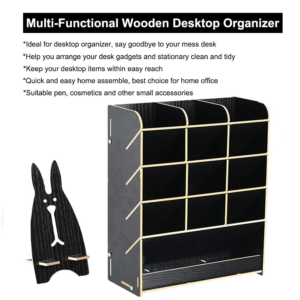 Marbrasse Wooden Pen Organizer - Multi-Functional DIY Pen Holder Box with Drawer, Desktop Stationery Organizer for Home Office & Art Supplies Storage, Easy Assembly (B12-Black) - Perfect for Organizing Pens, Pencils, Markers & Office Accessories on Your Desk