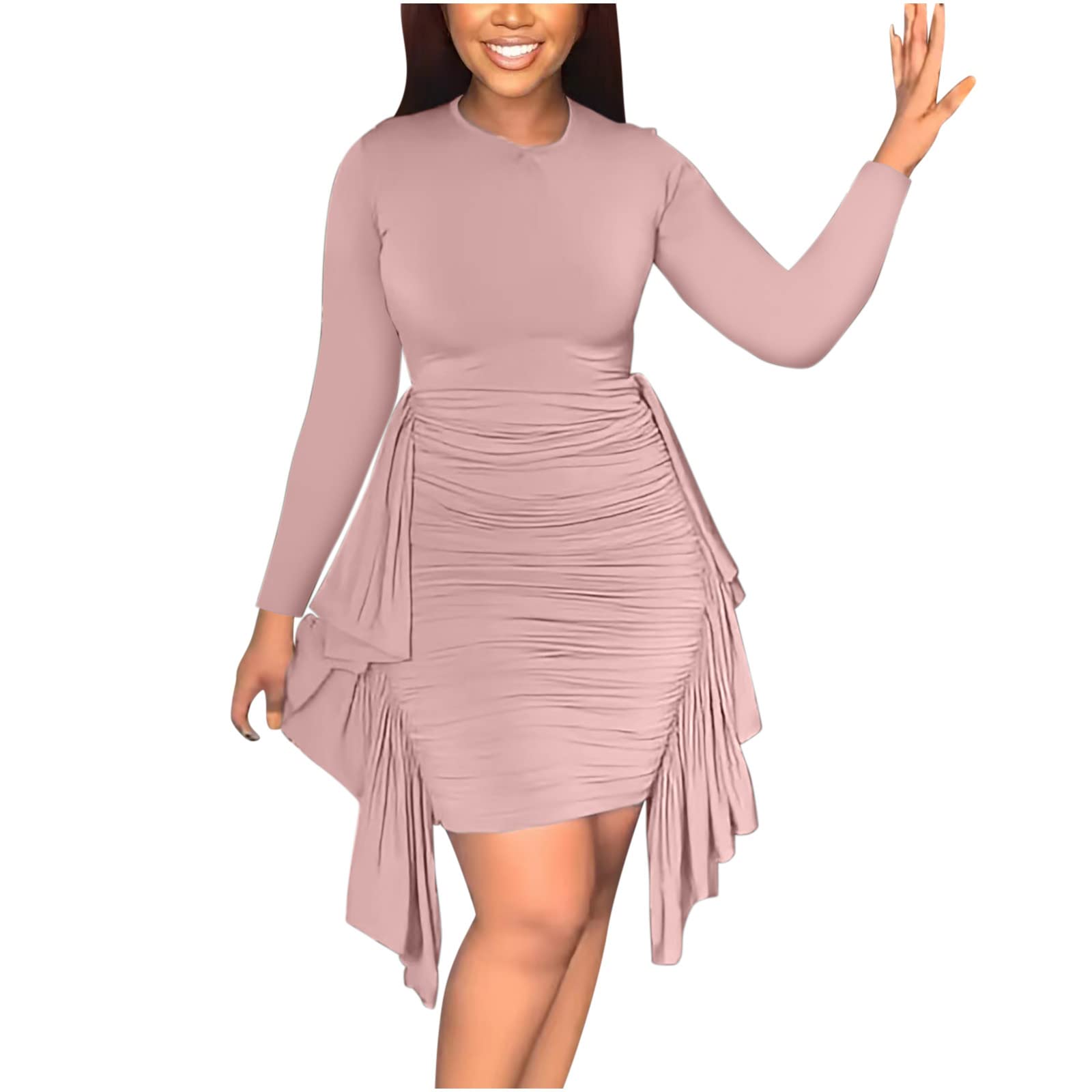 Women's Bodycon Midi Dress - Slim Fit Pencil Dress with Long Sleeves for Work, Cocktail Party, Church & Tea Events | Elegant Ruffle & Ruched Detail Formal Dress for Women | Perfect for Office, Date Night & Special Occasions