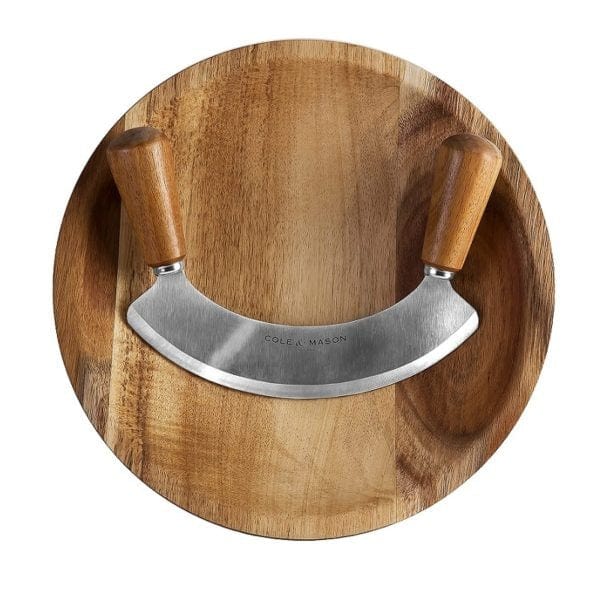 Premium Ashden Acacia Wood Mezzaluna Knife with Cutting Board - Perfect for Chopping Herbs, Vegetables & Pizza - Ideal for Kitchen, Camping & Outdoor Cooking