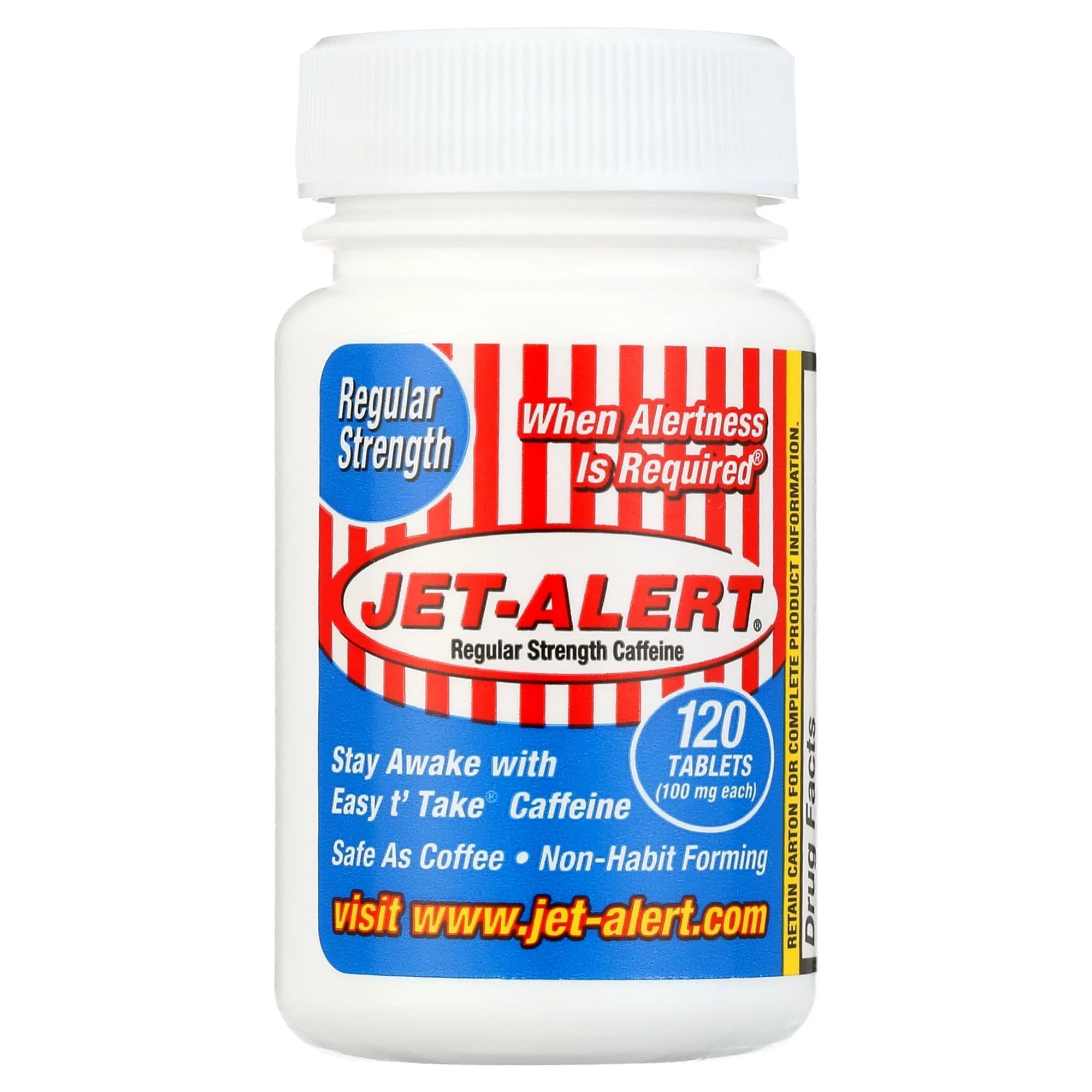 Jet Alert Regular Strength 100mg Caffeine Tablets - 120 Count Bottle (Case of 36) | Stay Alert & Focused for Work, Study & Long Drives