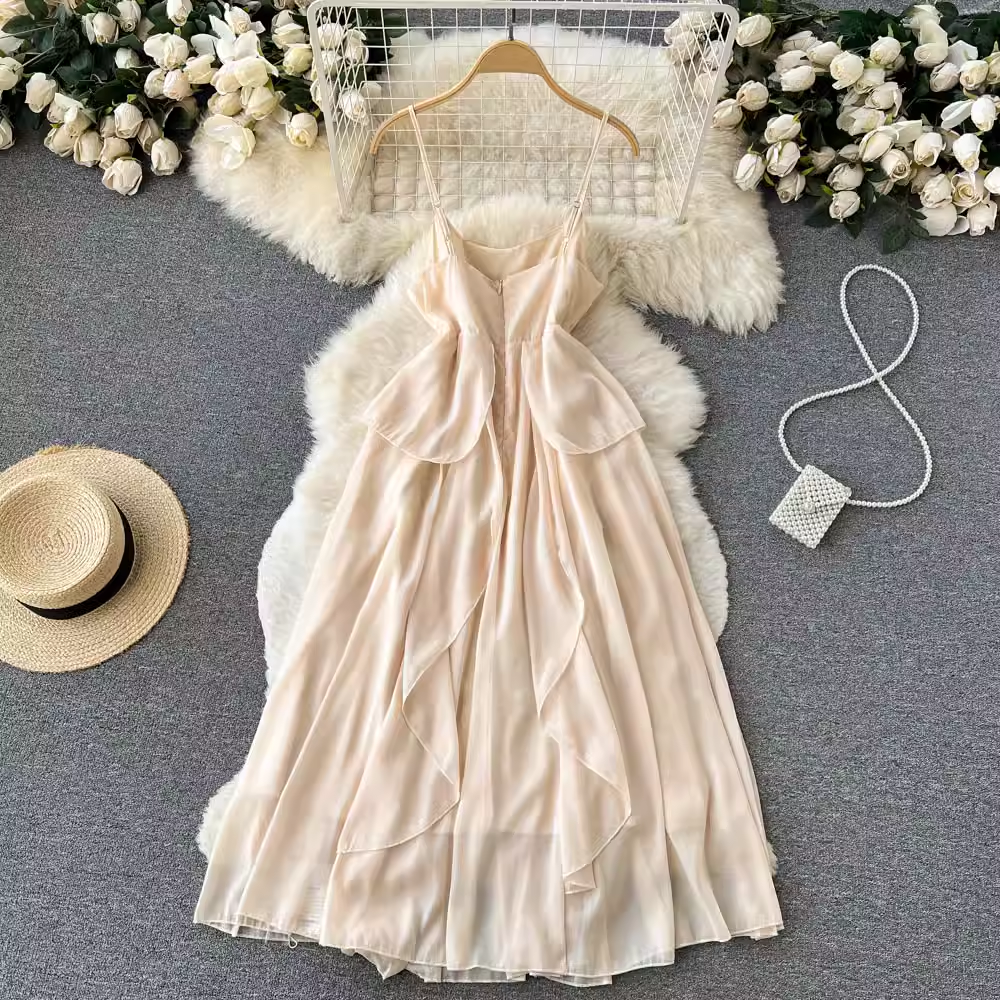 French Fairy Sling Dress for Women - Elegant Ruffled Sweet Skirt 1243 | Perfect for Summer Weddings, Beach Vacations & Romantic Dates