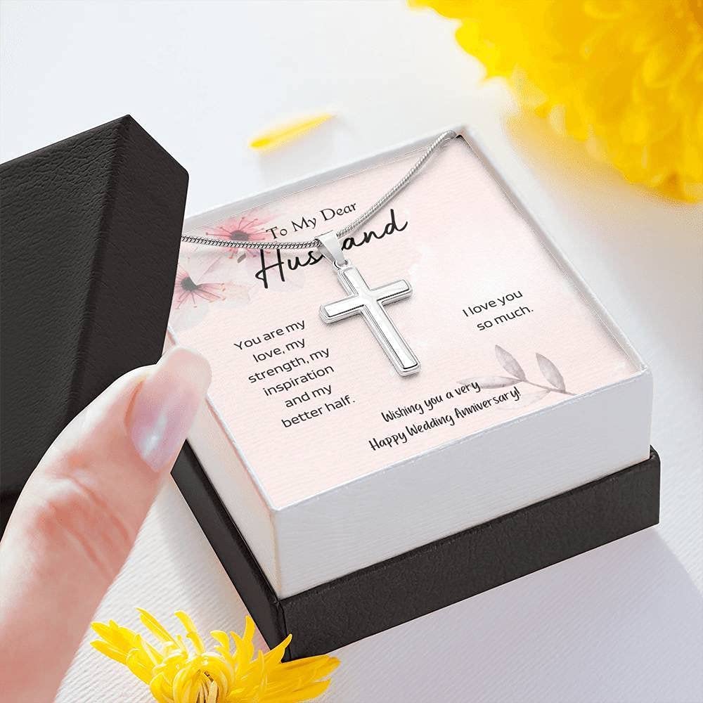 Personalized Cross Necklace for Men - Handcrafted Anniversary Gift for Husband - Wedding Jewelry with Engraved Message - Perfect for Valentine's Day, Birthday & Romantic Occasions