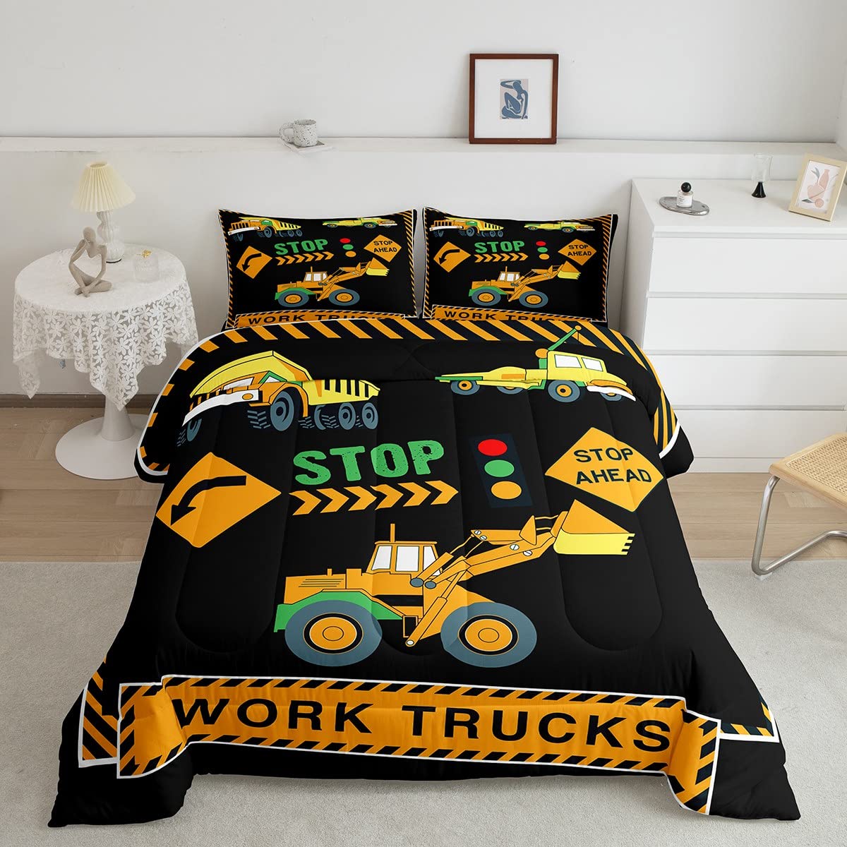 **Boys' Construction Vehicle Comforter Set - Kids Excavator & Digger Bedding with Colorful Tractor Design, Twin Size Down Comforter for Toddler Room Decor | Perfect for Playful Bedrooms & Construction-Themed Nurseries**