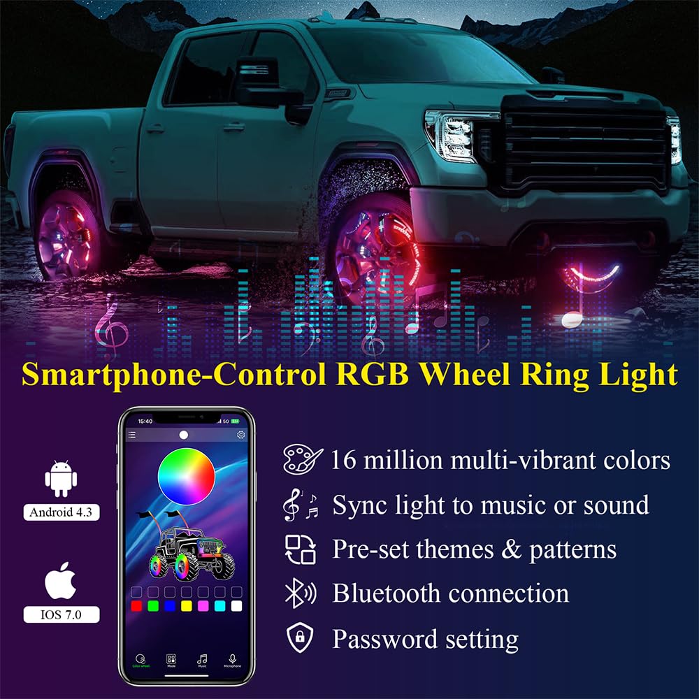 17 Inch LED Wheel Rim Lights for Trucks & Cars - Double Rows Illuminated Tire Ring Kit (Fits 21-28