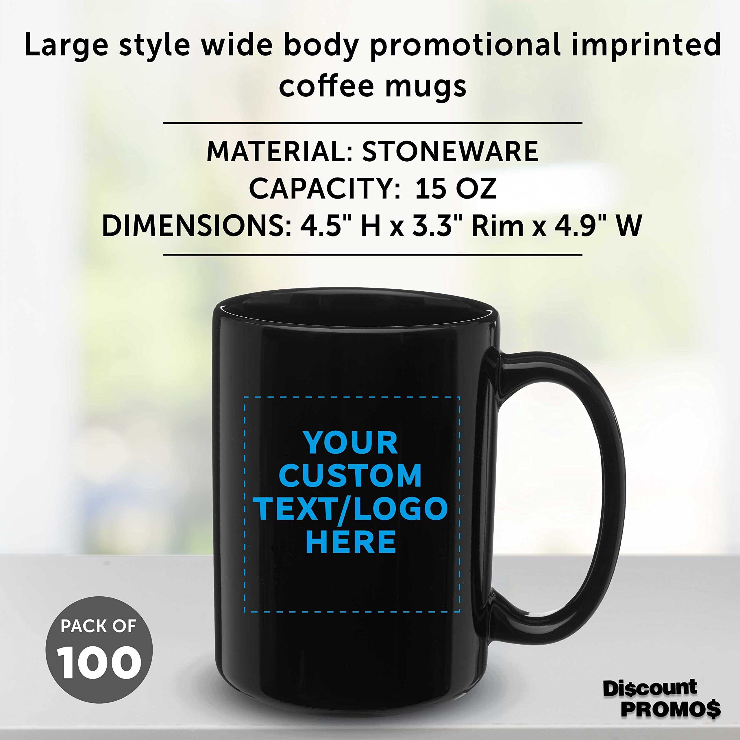 Custom Large 15 oz Ceramic Coffee Mugs - Bulk Set of 100 Personalized Black Mugs for Coffee, Tea, Espresso & Hot Cocoa - Ideal for Cafes, Restaurants, Corporate Gifts & Promotional Events