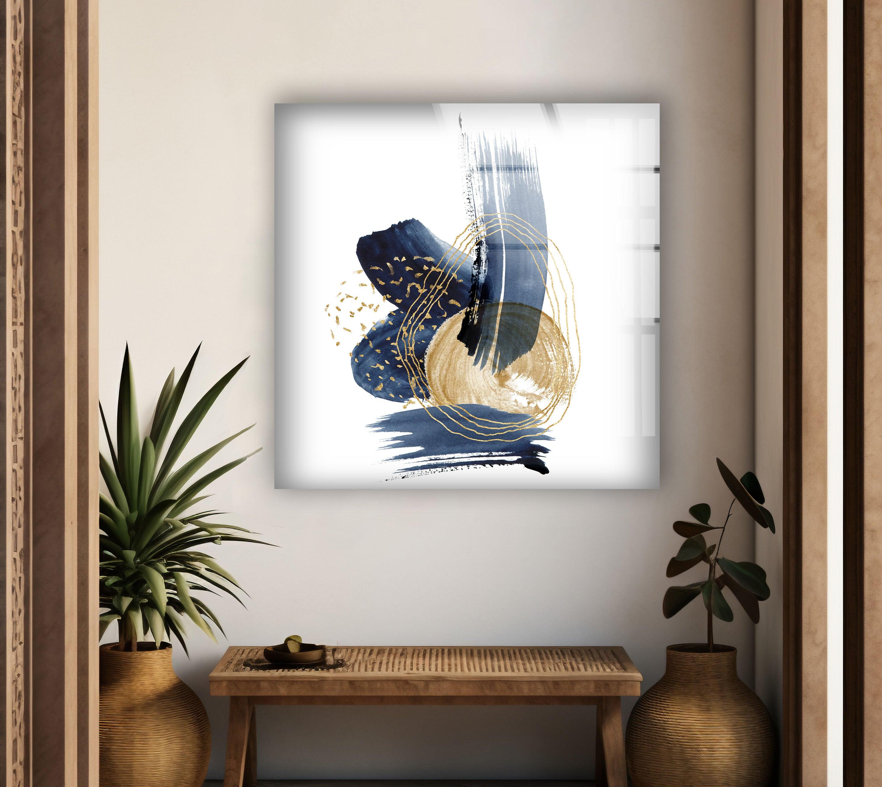 Blue Gold Abstract Painting Glass Wall Art - Modern Home Decor for Living Room, Bedroom & Office - Handmade Glass Wall Hanging for Unique Interior Design