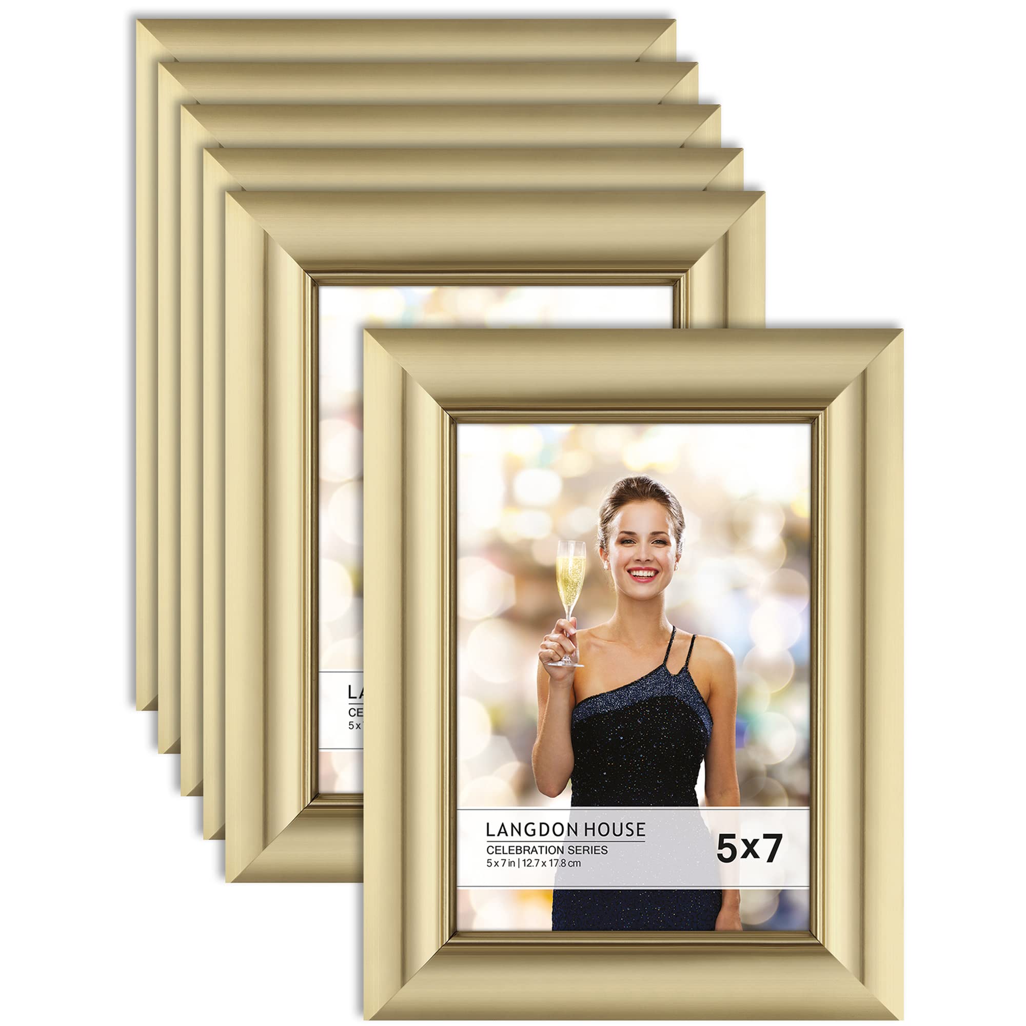 Gold 5x7 Picture Frames 6 Pack - Wall or Tabletop Photo Frames for Home Decor