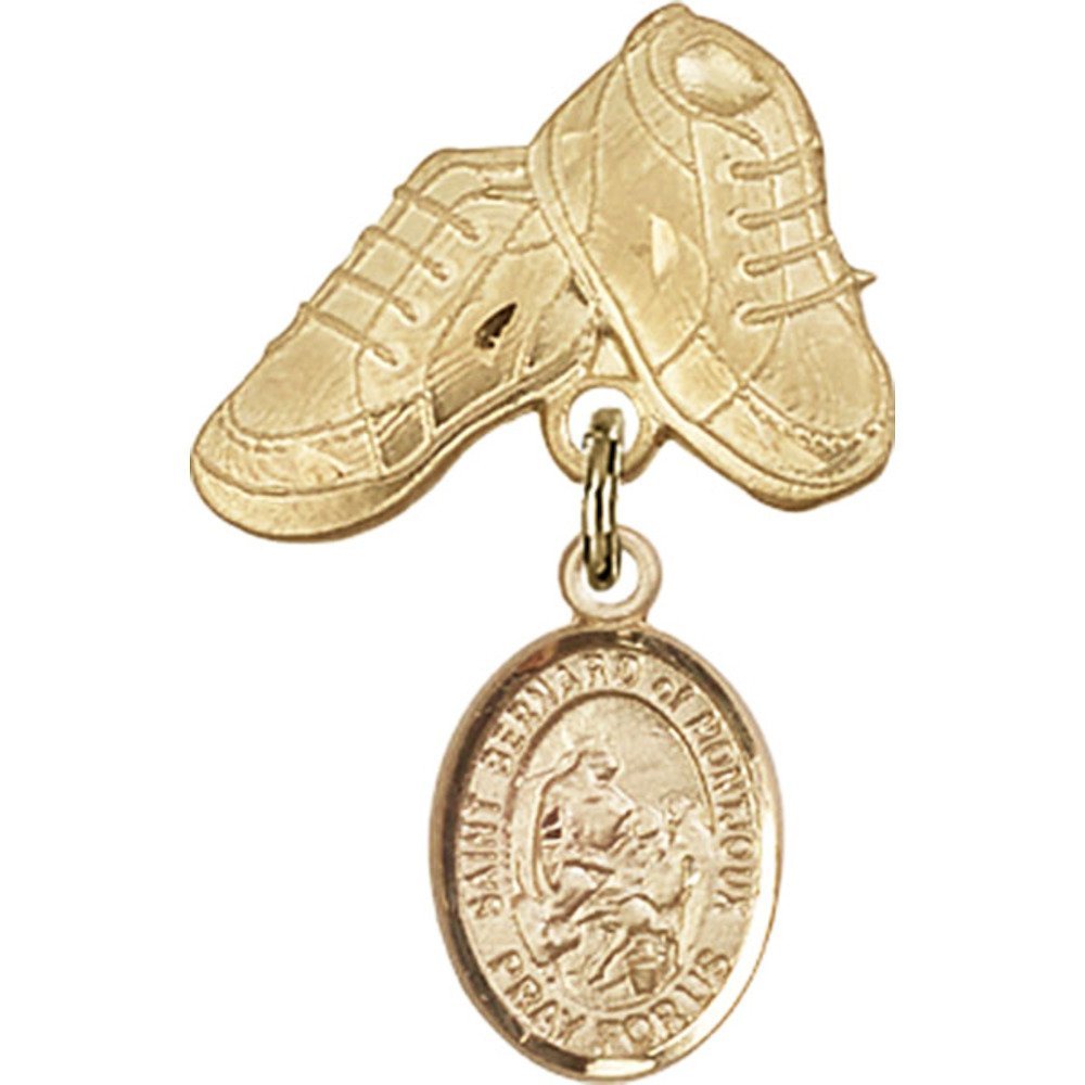 Gold Filled Baby Badge with St. Bernard of Montjoux Charm & Baby Boots Pin - 1 X 5/8 Inch Religious Jewelry for Christening, Baptism Gifts & Newborn Keepsakes