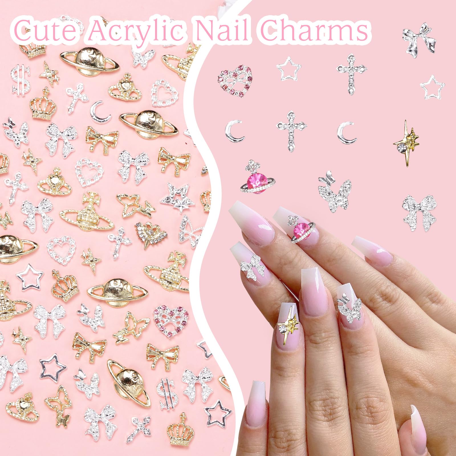 154 Pcs Alloy Star Cross Nail Gems Charms - Silver Gold Bow Crown Butterfly 3D Nail Jewelry for DIY Nail Art | Perfect for Manicures, Pedicures, and Nail Decoration Parties