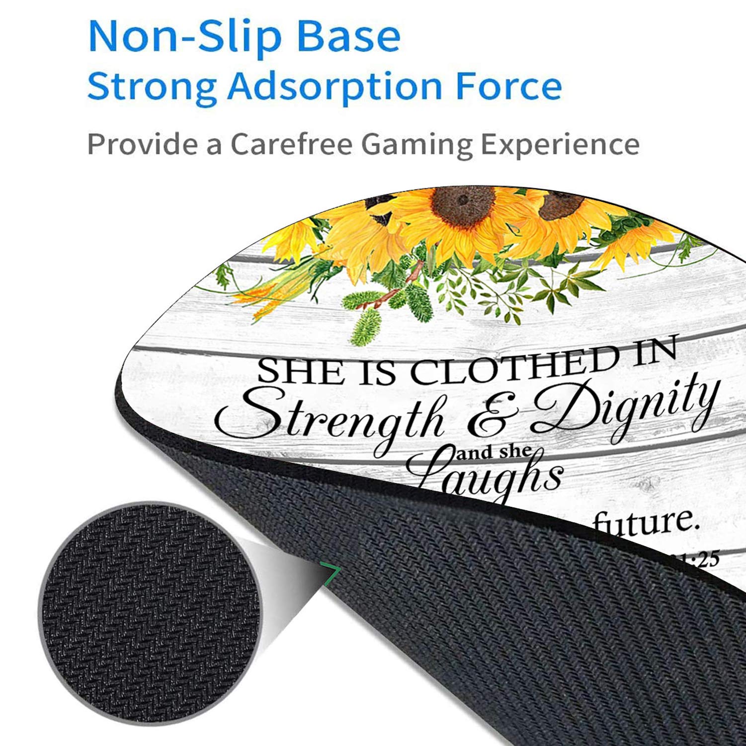 Round Mouse Pad and Coasters Set - Proverbs 31:25 Sunflower Yellow Watercolor Floral Design, Non-Slip Rubber Base for Computer Desk | Perfect for Office, Home & Gift Giving