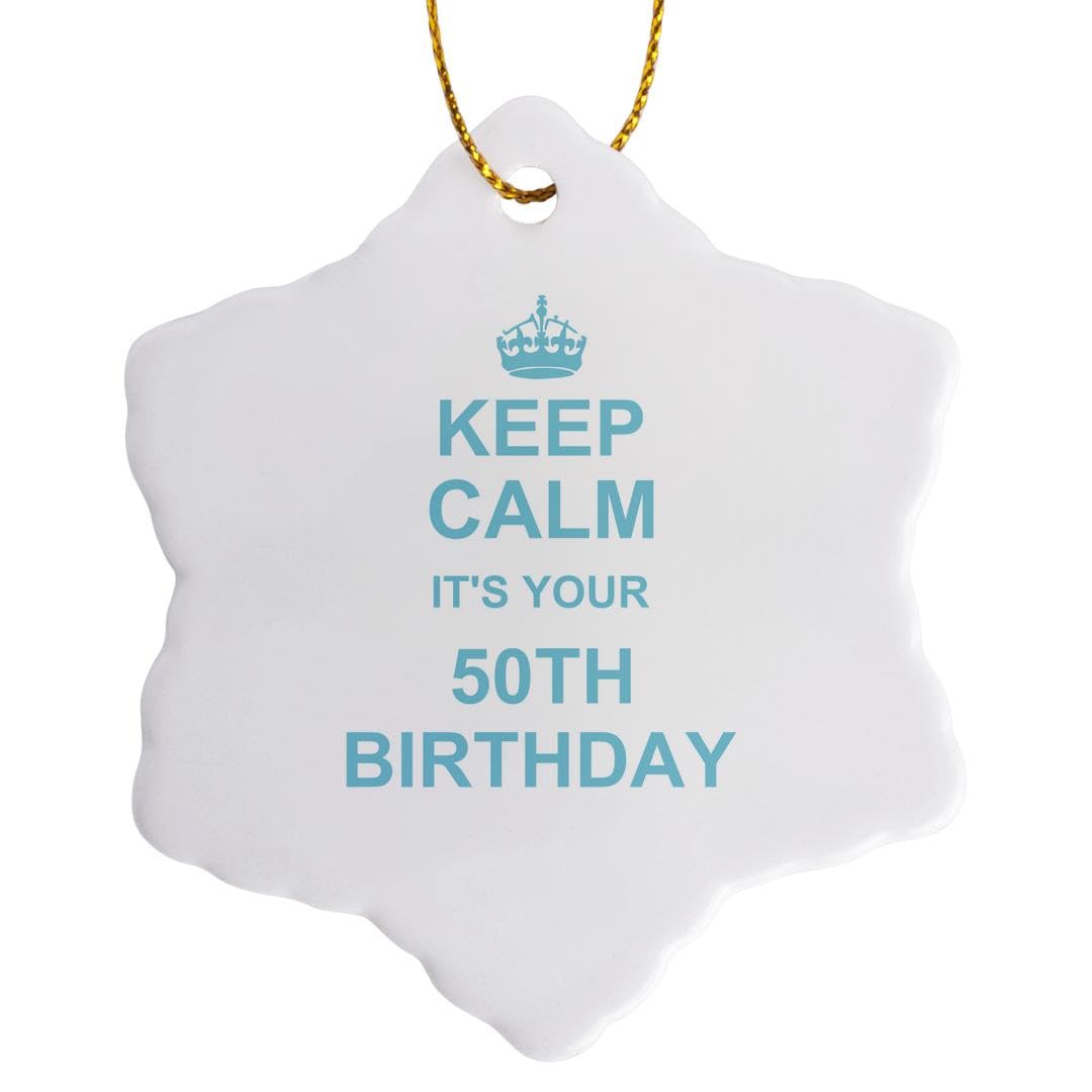 3dRose Keep Calm It's Your 50th Birthday Blue Snowflake Porcelain Ornament - 3 Inch Christmas Tree Decoration for Holiday Party & Winter Home Decor