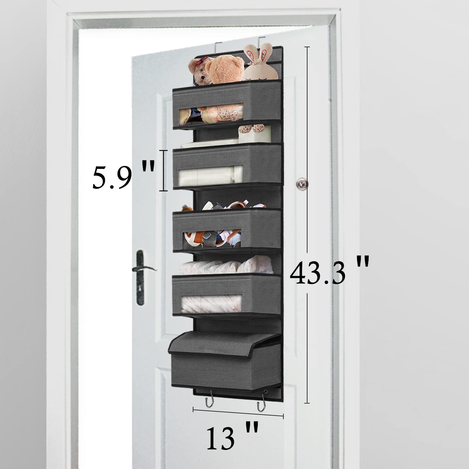 Over Door Hanging Organizer with 5 Large Pockets & Clear Window - Closet Door Storage for Baby Nursery, Bedroom, Pantry & Bathroom - Space Saving Grey Organizer with 4 Metal Hooks - Perfect for Storing Toys, Clothes & Essentials
