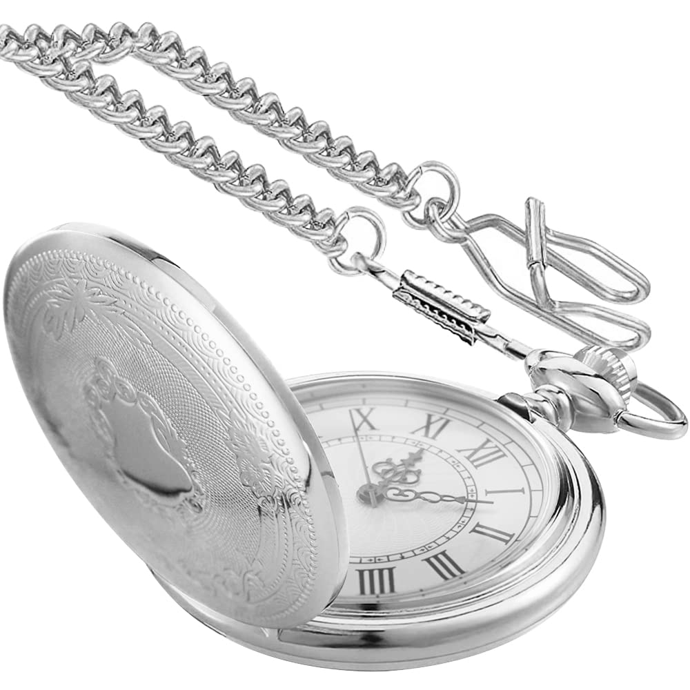 Vintage Roman Numeral Quartz Pocket Watch - Silver Smooth Round Case, White Dial with Belt Clip Chain - Perfect for Steampunk Costumes, Weddings & Collectors