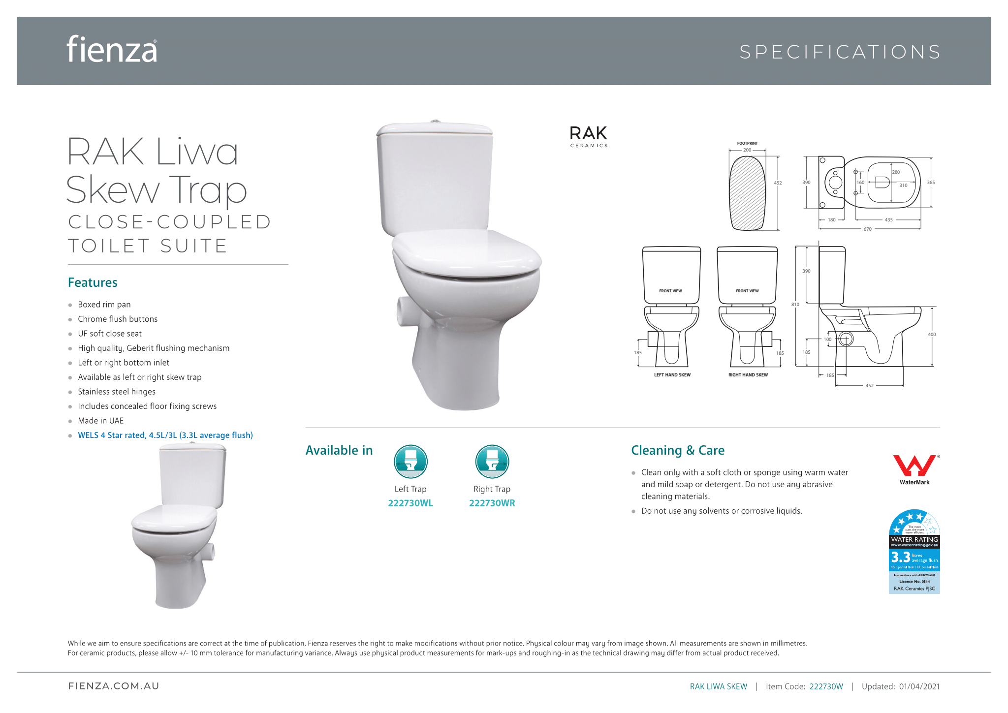Fienza Rak Liwa Close Coupled Toilet Suite with Right Skew Trap in White - Perfect for Modern Bathrooms and Small Spaces