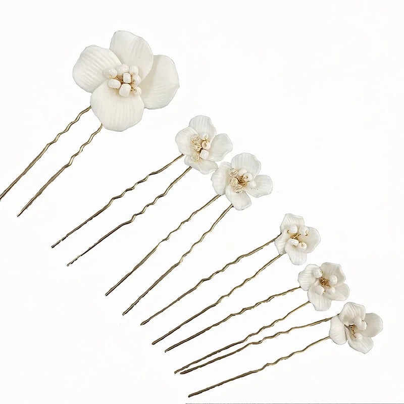 6PCS White Ceramic Flower Wedding Hair Pins - Handmade Bridal Hair Accessories for Women, Elegant Floral Hair Jewelry for Bridesmaids, Prom, Party & Special Occasions
