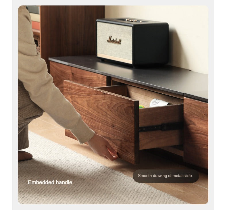 Black Walnut Solid Wood TV Stand with Rock Slab - Rustic Modern Entertainment Center for Living Room, Bedroom & Home Theater