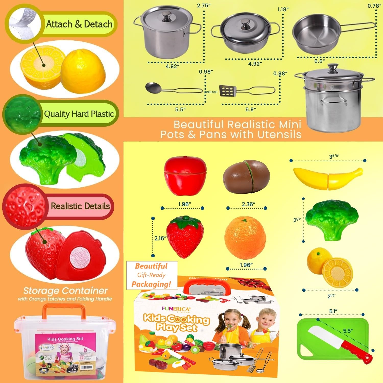 FUNERICA Realistic Stainless Steel Toy Kitchen Set - Pretend Play Food, Pots, Pans & Utensils for Kids | Educational Cooking Toys for Toddlers | Perfect for Imaginative Play & Early Learning