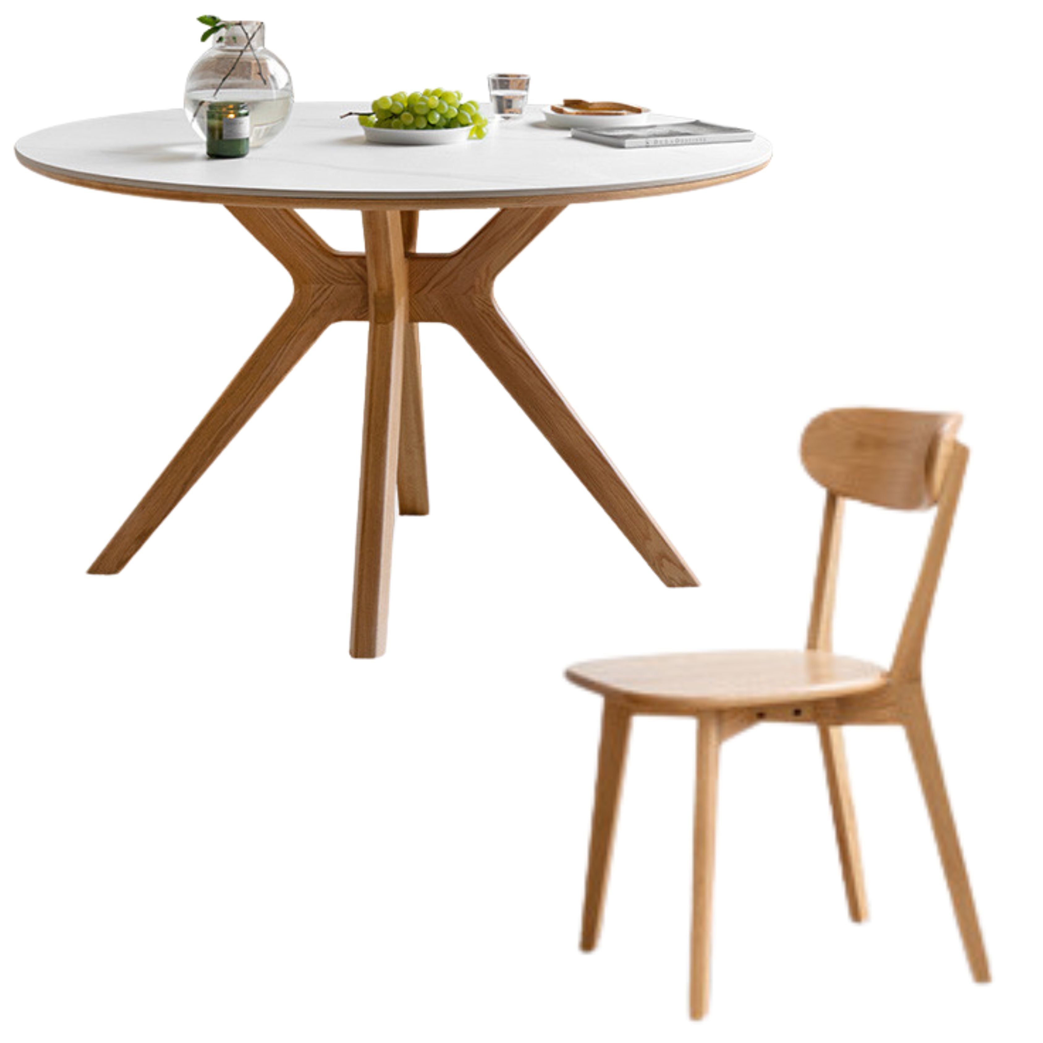 59.1x59.1x29.9 inch / 150x150x76 cm / Natural Wood Color / Dining table plate round + 4 chairs