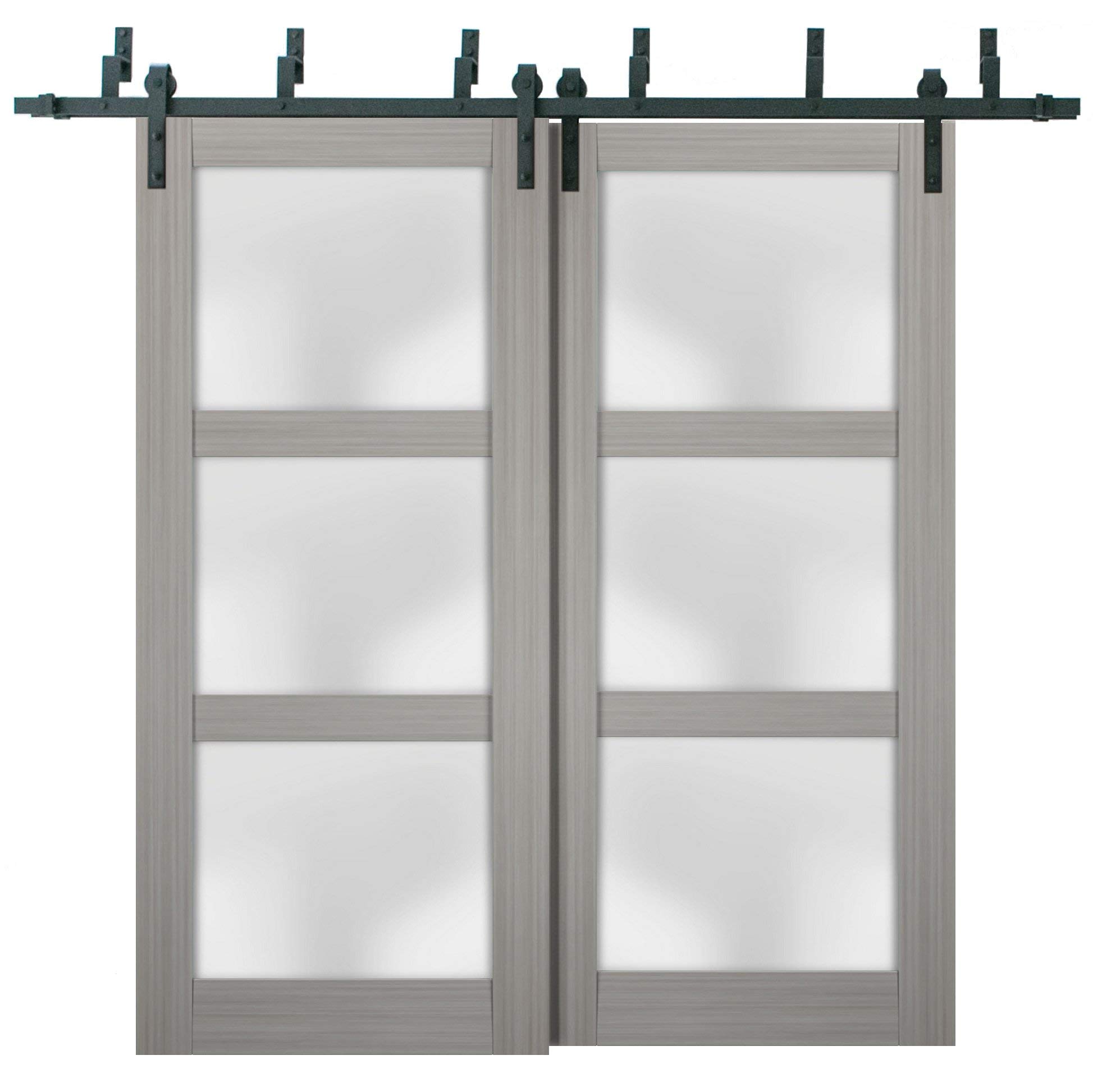 SARTODOORS 60x80 Inch Frosted Glass Sliding Barn Closet Doors - Lucia 2552 Grey Ash Finish with 6.6ft Top Mount Rail Hardware Set | Solid Wood Wardrobe Doors for Bedroom & Walk-In Closet | Modern Space-Saving Solution for Home Organization