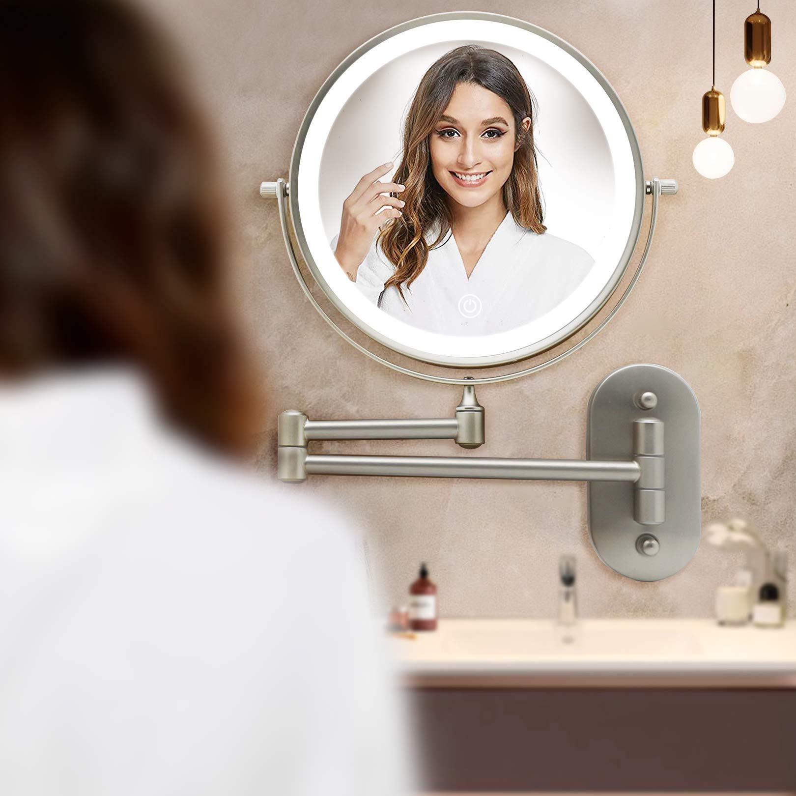 FASCINATE 8'' Rechargeable LED Makeup Mirror - Wall Mounted & Extendable Vanity Mirror with 1X/10X Magnification, 3 Color Lighting Modes & Touch Dimming - Perfect for Bathroom, Bedroom & Dressing Room Makeup Application