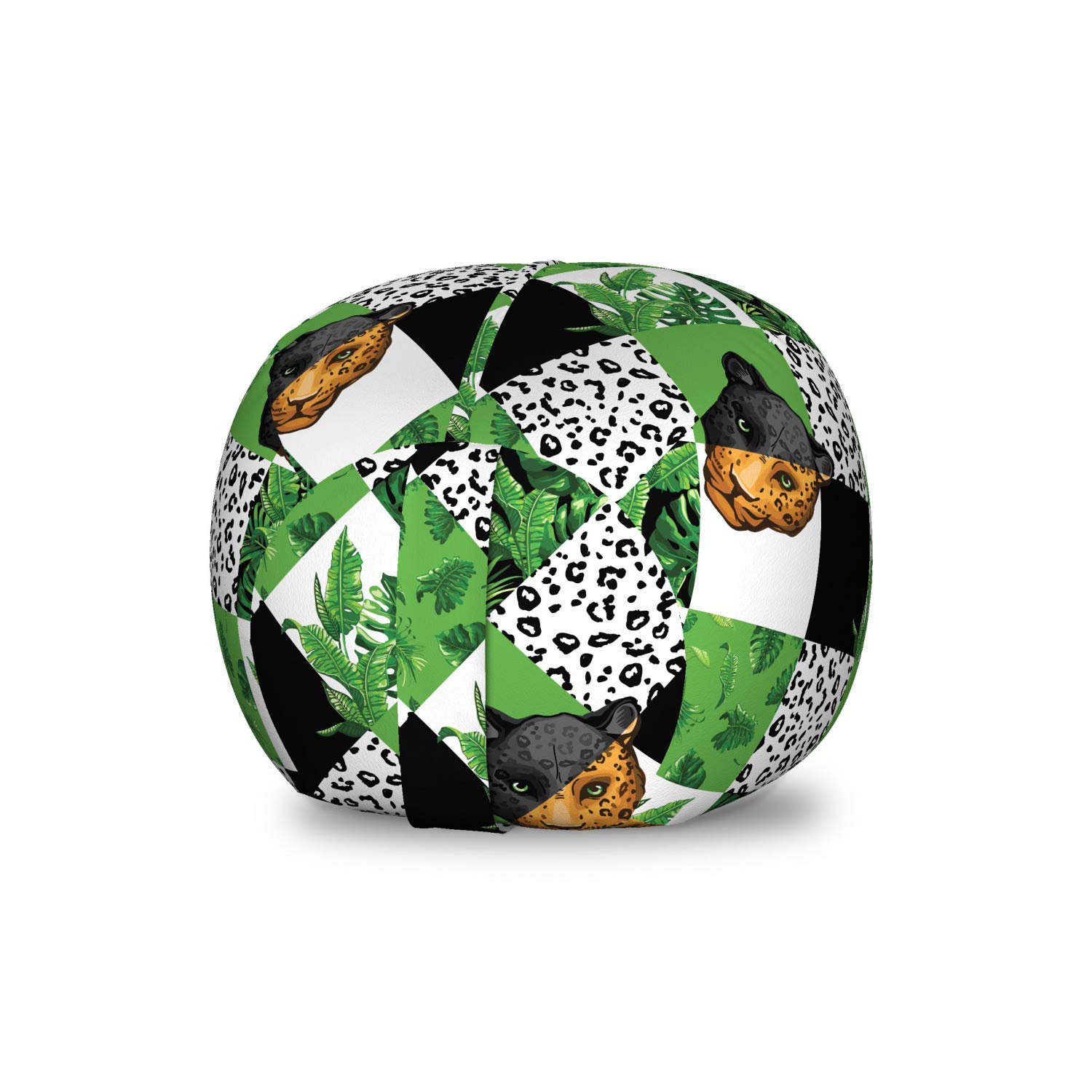 Lunarable Cheetah Print Storage Toy Bag Chair - Geometric Checkered Pattern with Jungle Leaves & Animal Face Design | Washable Stuffed Animal Organizer for Kids Room (Small Size, Green & Black) - Perfect for Playroom Storage, Kids Bedroom Decor & Toy Organization
