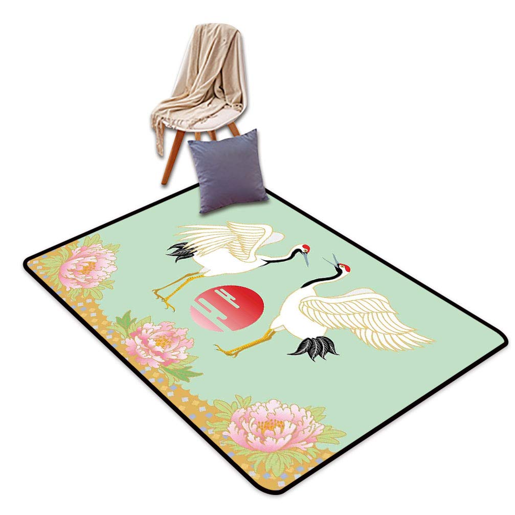 Japanese Crane Sunrise Feather Area Rug - 4' x 5' Colorful Cultural Floor Mat for Bedroom & Living Room | Boho Home Decor, Meditation Space Accent