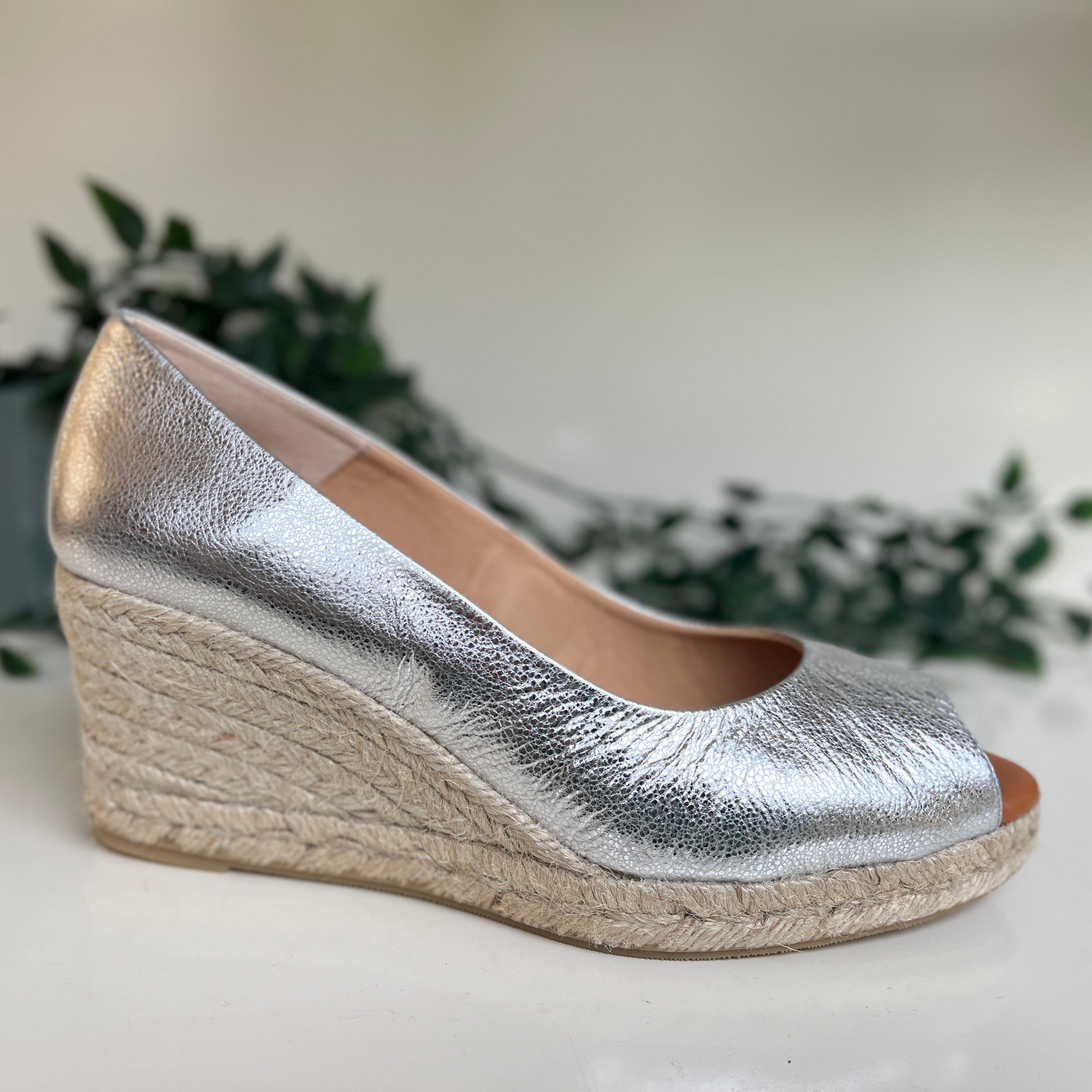 MARIAN Women's Silver Peep Toe Wedge Espadrille Shoes - Comfortable Summer Sandals for Beach, Wedding & Casual Outings