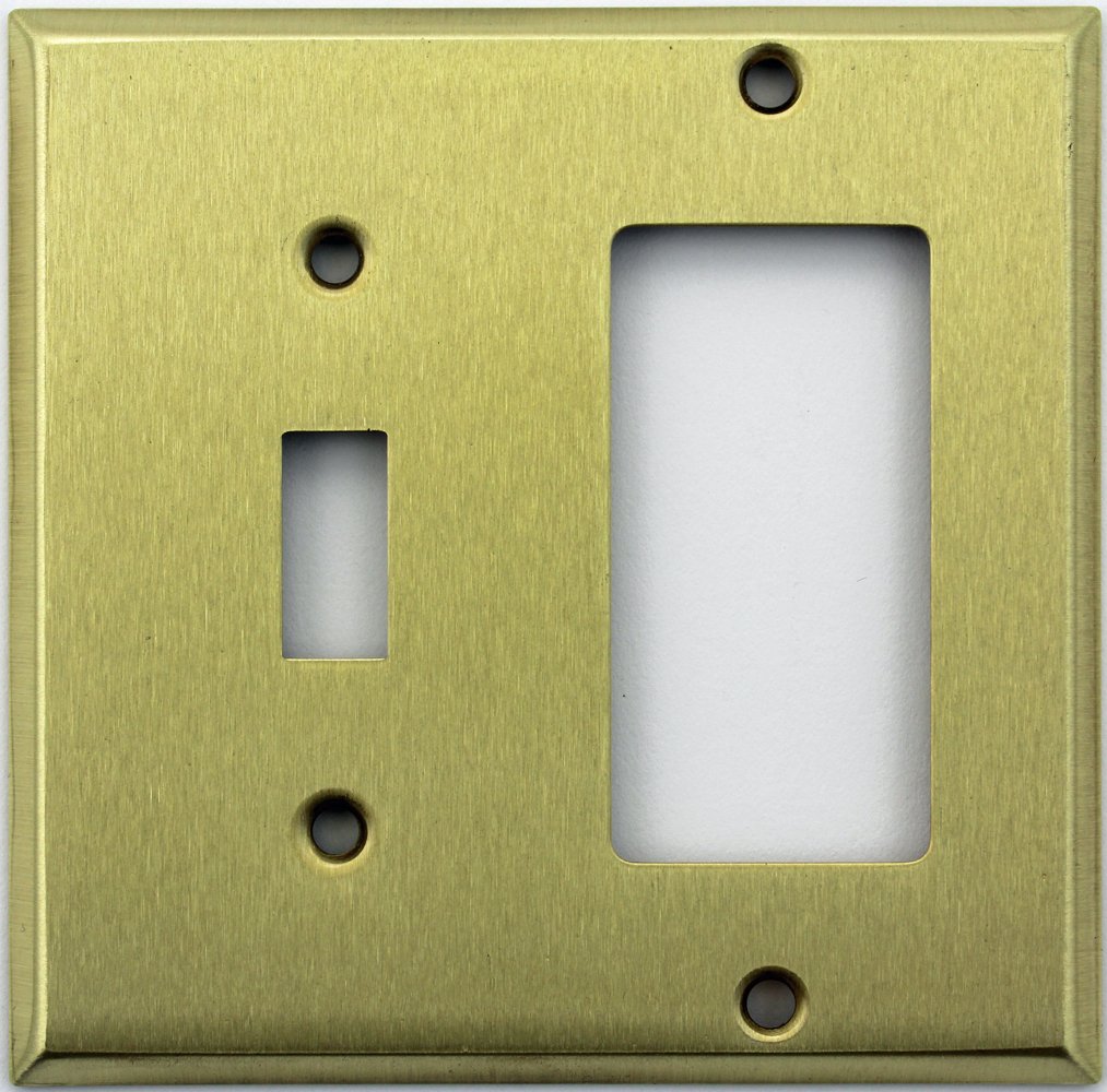 Stamped Satin Brass 2 Gang Wall Plate - 1 Toggle Switch & 1 GFCI/Rocker Outlet Cover - Decorative Electrical Switch Plate for Living Room, Bedroom, Office