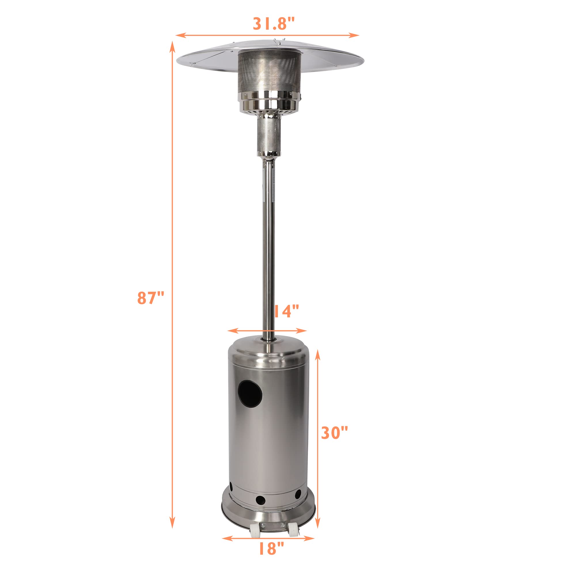 Stainless Steel Outdoor Patio Heater - 48,000 BTU LP Propane Standing Heater with Anti-Tilt Safety Switch for Garden, Wedding, Party & Backyard Use (Silver) - Perfect for Outdoor Dining, Poolside & Cold Weather Gatherings